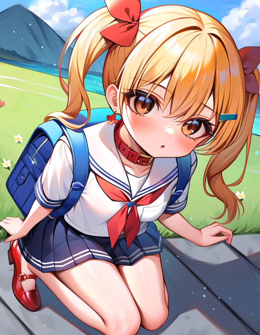 1girl, solo, masterpiece, best quality, (anime art style:1.0), score_9, score_8_up, score_7_up, source_, blushing,  long blonde hair, pigtails, flower earrings, hair clip accessories, brown eyes, a blue backpack is on her shoulders, school background/landscape, black Mary jane shoes, cute girl,  a blouse with a sailor-style collar, featuring a large collar flap, paired with a black pleated skirt, short skirt, the blouse has a red ribbon tied at the front that loops through a collar attachment, with the most common colors being navy blue, long eyelashes