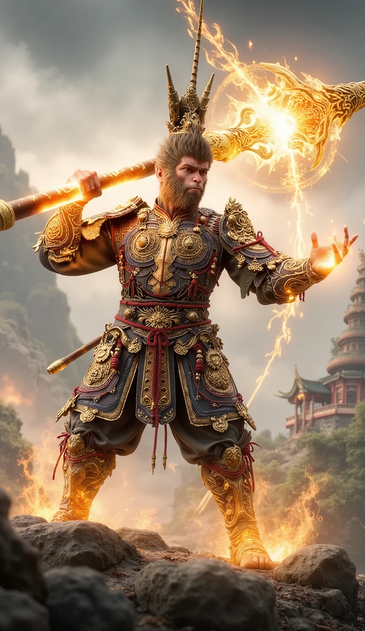 Front view,wukong ,A breathtaking cinematic wallpaper of Wukong, the Monkey King,tall and look strong,handsome, in a dynamic pose. Ethereal golden light surrounds him as he wields his magical staff. Swirling clouds and energy patterns flow around him in vibrant hues. Hyper-detailed fur and armor textures. Epic scale landscape in the background with floating mountains and ancient Chinese architecture. Dramatic lighting and color palette inspired by Chinese mythology. Ultra-high resolution, photorealistic rendering with cinematic depth of field.