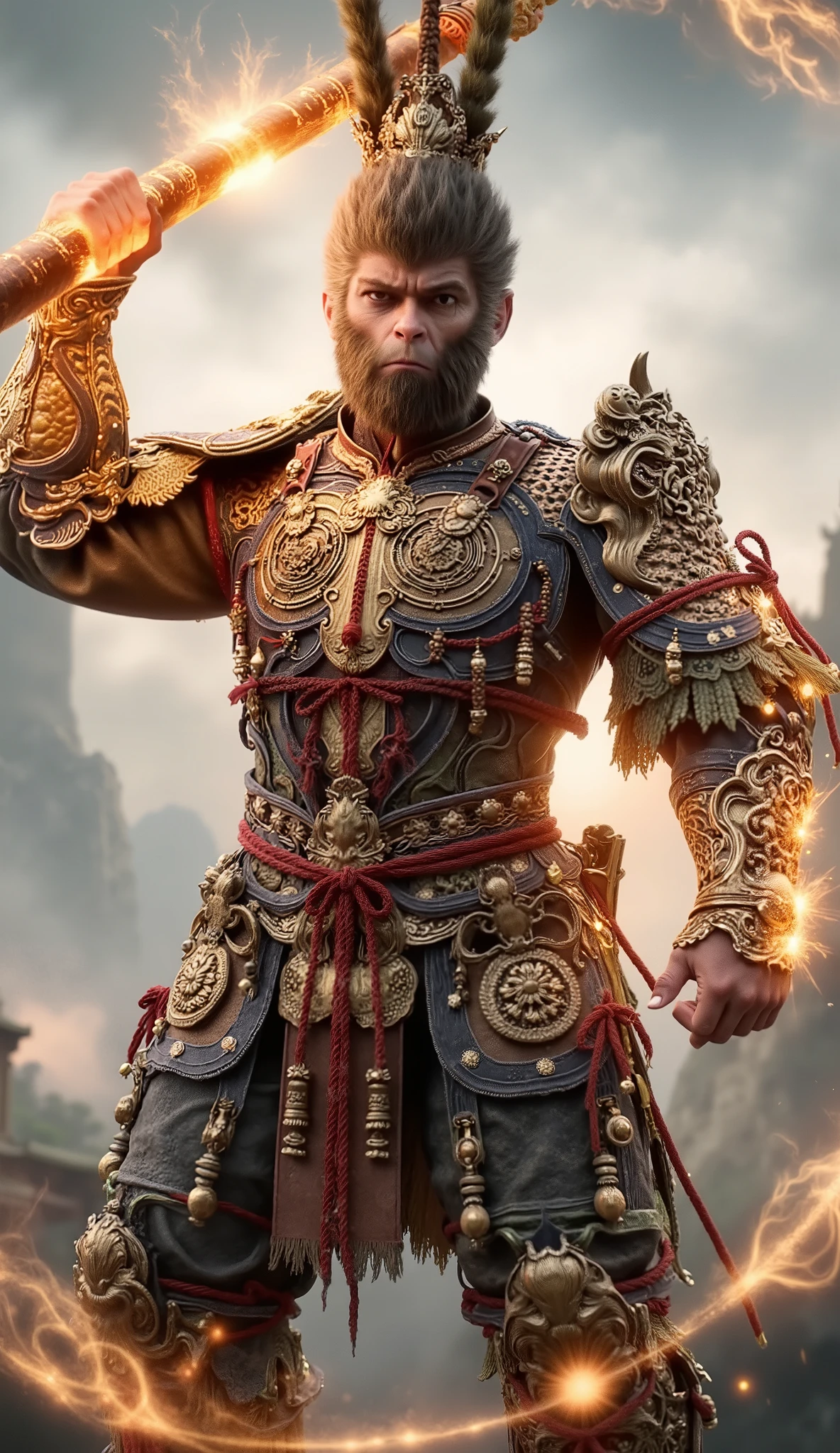 Front view,wukong ,A breathtaking cinematic wallpaper of Wukong, the Monkey King,tall and look strong,handsome, in a dynamic pose. Ethereal golden light surrounds him as he wields his magical staff. Swirling clouds and energy patterns flow around him in vibrant hues. Hyper-detailed fur and armor textures. Epic scale landscape in the background with floating mountains and ancient Chinese architecture. Dramatic lighting and color palette inspired by Chinese mythology. Ultra-high resolution, photorealistic rendering with cinematic depth of field.