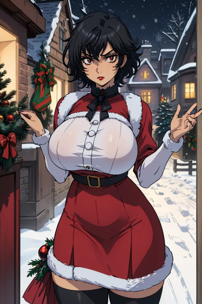 best quality, ultra-detailed, best illustration, masterpiece, high res (1girl:1.3), (large breast:1.5), closed mouth, (21 years old), ((1girl)), ((((solo))), (((alone))), (((genderbend))), (((female))), wide hips, thick thighs, narrow waist, ((red Christmas dress)), ((in a beautiful mansion)), ((anime artstyle)), long eyelashes, ((long black hair)), (((at night))), (red lipstick), (black eyeshadow), (in the dark), ((in the snow)) ((Christmas decorations))