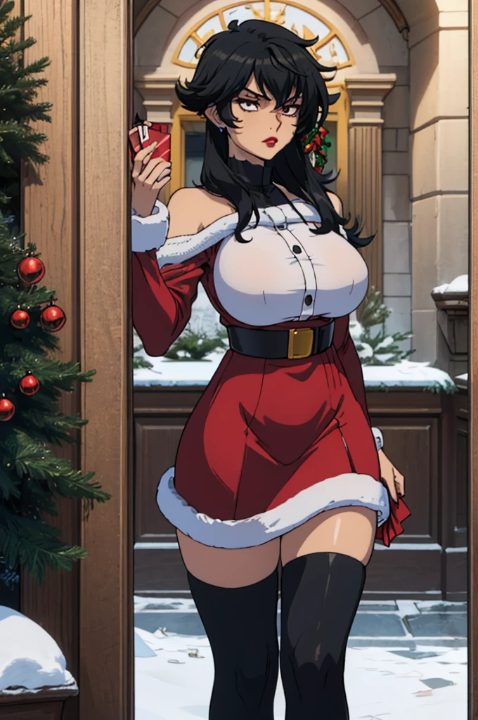 best quality, ultra-detailed, best illustration, masterpiece, high res (1girl:1.3), (large breast:1.5), closed mouth, (21 years old), ((1girl)), ((((solo))), (((alone))), (((genderbend))), (((female))), wide hips, thick thighs, narrow waist, ((red Christmas dress)), ((in a beautiful mansion)), ((anime artstyle)), long eyelashes, ((long black hair)), (((at night))), (red lipstick), (black eyeshadow), (in the dark), ((in the snow)) ((Christmas decorations))