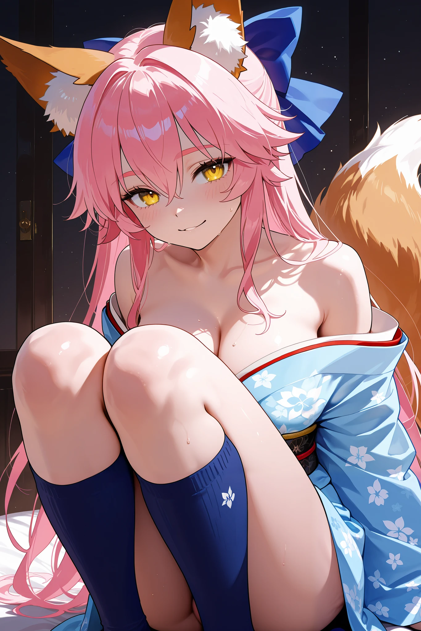 NSFW,masterpiece, top quality, high definition, very detailed,Tamamo、 pink hair、 hair between eyes 、 side lock、 short twin tail 、 yellow eyes、 Beast Ears、Fox Ears、 Fox Tail , blue bow 、 big ribbon、 hair bow、 Blue Kimono 、 kimono、 shoulder out、 off the shoulder、 blue knee socks 、Sleeveless、band、 Long Sleeve