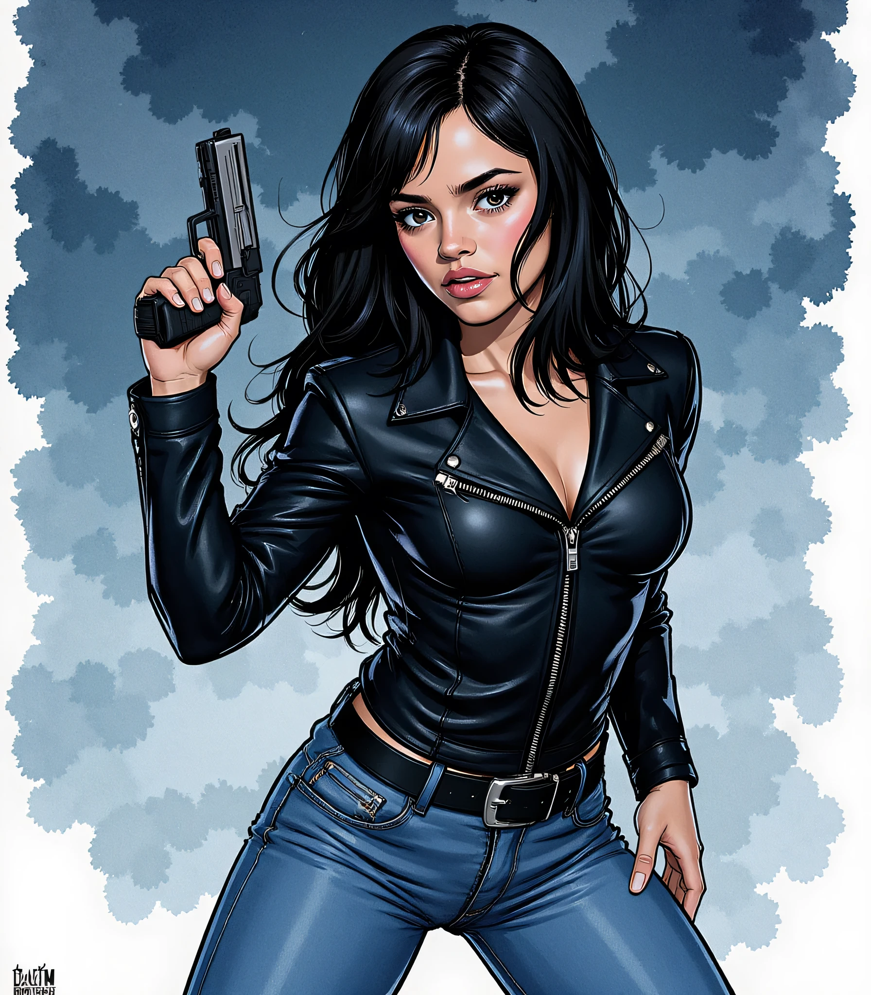 Illustration, masterpiece, portrait of Jenna Ortega, tiny and athletic, wearing a black leather jacket and a blue jeans, fighting pose, angry, ready for battle, wearing a gun, cloudy night, very dark, long black hair, black eyes, worried, high resolution, high definition, comics drawing with ink and watercolor, on white paper, American comics, many details 