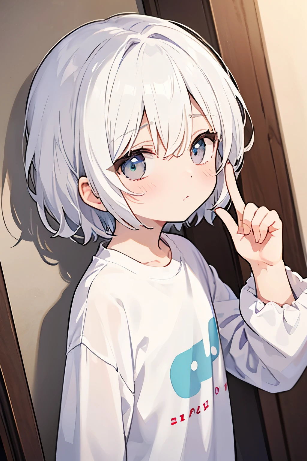 peeking out of a wall、The image of hide and seek、It looks like it was sneaky、Pure white clothes 、 Neutral Male、Long sleeve T-shirt、Moe sleeves、With one hand in front of the face1Composition of making a finger of 「Shhhh」It is said that、 short boyish hair 、Angle is front、 slightly angled angle of view 、 Upper Eye Care、 uneasy expression 、 neutral and cute visual 、 boyish hairstyle 、White Hair、 quiet impression 、 oversized clothes、 room walls are white 、Only one person