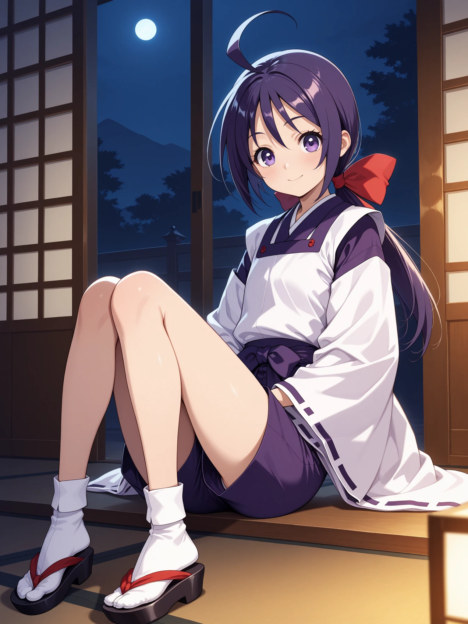 1girl, ichijou akari¥(bakumatsu rouman¥), (younger:1.5), long hair, purple hair, ahoge, low ponytail, ribbon, purple eyes, japanese clothes, wide sleeves, onmyouji, shorts, tabi, sandals, ribbon-trimmed sleeves, white socks,in private room,sitting, night, looking at viewer,
masterpiece, best quality, cinematic lighting
