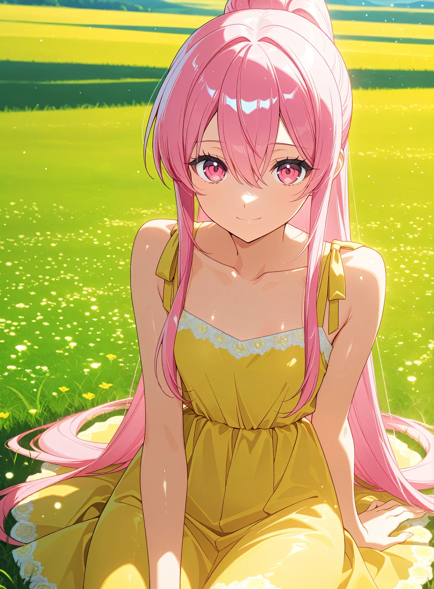 score_9, score_8_up, score_7_up, masterpiece, absurdres, source_anime,1girl, solo, adult, girl focus, adult, very detailed eyes, expressive eyes, aesthetic eyes, bright eyes, (bright pink eyes),  pink eyes, beautifully styled hair, very detailed hair, straight hair, bright pink hair, long hair, hair between eyes, (straight hair), (straight ponytail),styled hair,  little smile, looking at viewer, small breasts, shiny skin, healthy skin colour, BREAK
((blue and yellow) summer dress, multicoloured dress), sunny, sitting on grass,  green grass field, half body, cowboy shot, BREAK
HDR, 8K, masterpiece, best quality, amazing quality, very aesthetic, high resolution, ultra-detailed, absurdres, newest, scenery, 
masterpiece, scenery, aesthetic detailed background, best quality, game cg aesthetics,
 beautiful detailed eyes, detailed skin, detailed hair, light particles,  photo background, depth of field, 
(masterpiece), best quality, ultra-detailed, 1024k UHD wallpaper, ultra-high resolution, depth of field, HDR, Ray tracing, RTX, high saturation, photon mapping, best texture quality, best compotitions, (extremely detailed CG 1024k wallpaper), High Details, Detailed face, Detailed Clothes, Ultra HD Photo, Perfect Face, expressive eyes, bright colours