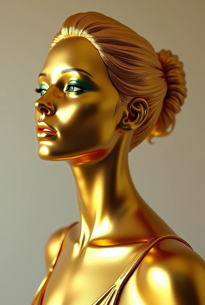 Sexy girl with long straight hair turned into a gold statue