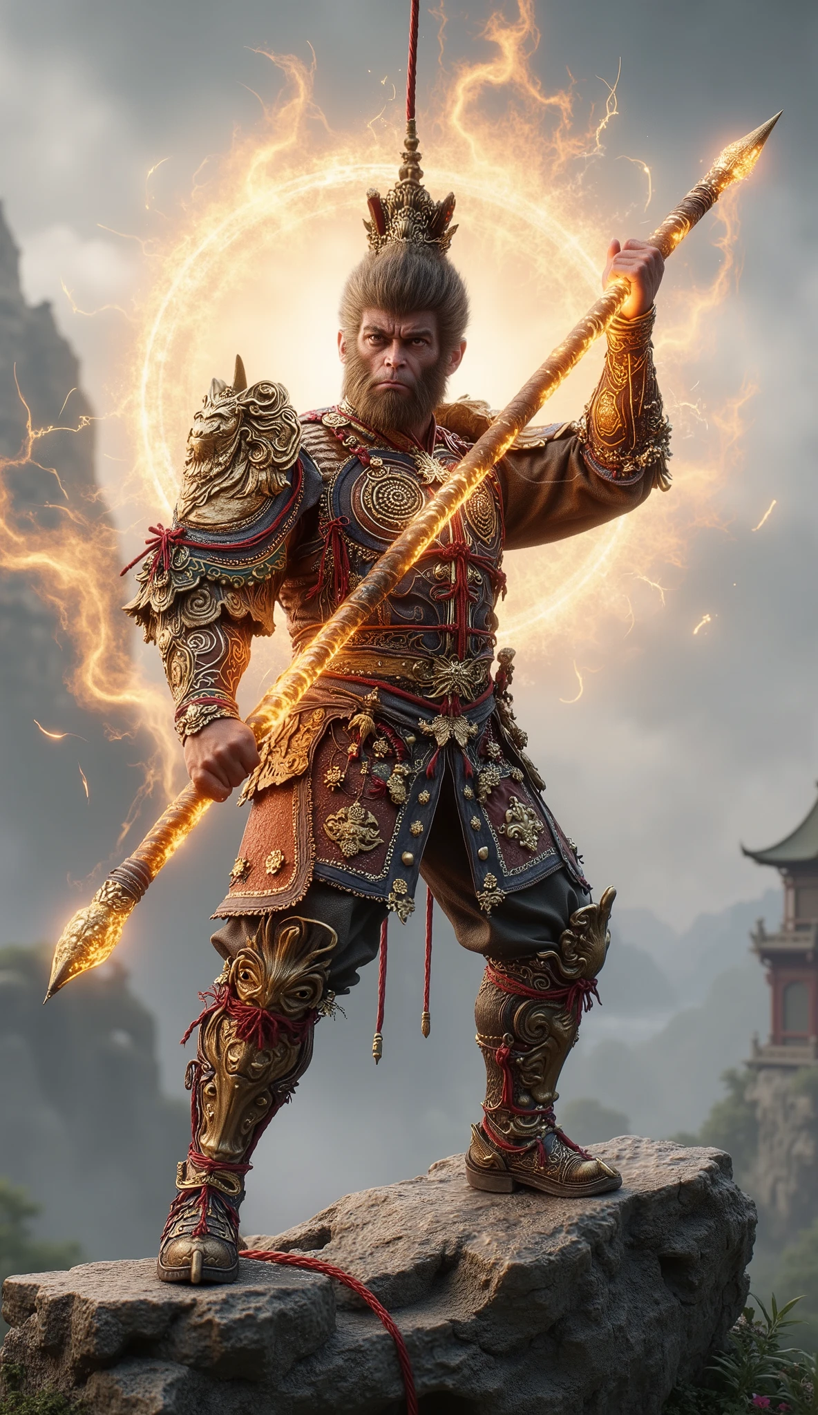 Front view,chinese,wukong ,A breathtaking cinematic wallpaper of Wukong, the Monkey King,tall and look strong,handsome, in a dynamic pose. Ethereal golden light surrounds him as he wields his magical staff. Swirling clouds and energy patterns flow around him in vibrant hues. Hyper-detailed fur and armor textures. Epic scale landscape in the background with floating mountains and ancient Chinese architecture. Dramatic lighting and color palette inspired by Chinese mythology. Ultra-high resolution, photorealistic rendering with cinematic depth of field.