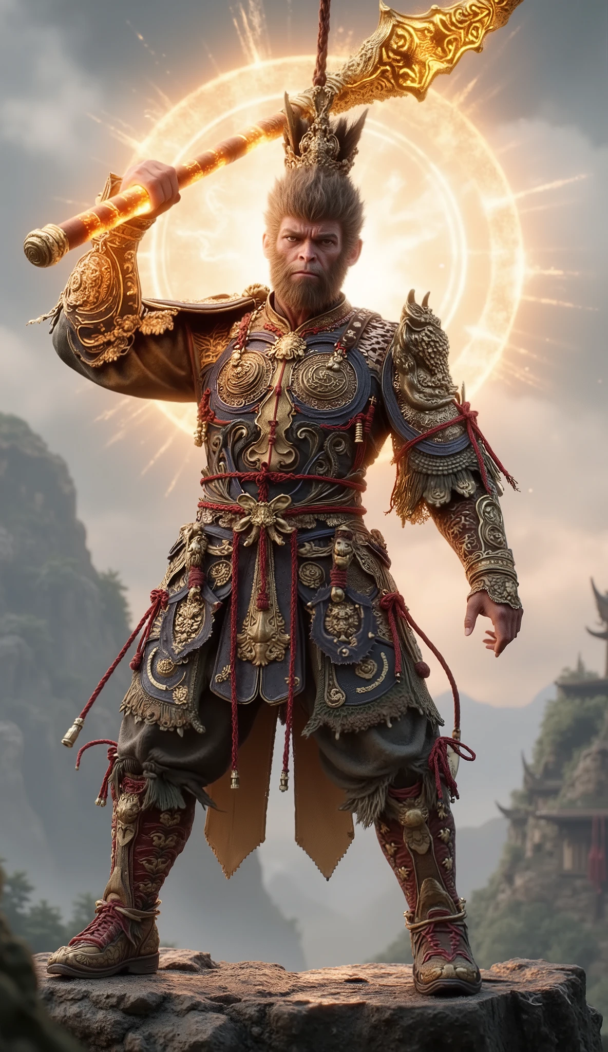 Front view,chinese,wukong ,A breathtaking cinematic wallpaper of Wukong, the Monkey King,tall and look strong,handsome, in a dynamic pose. Ethereal golden light surrounds him as he wields his magical staff. Swirling clouds and energy patterns flow around him in vibrant hues. Hyper-detailed fur and armor textures. Epic scale landscape in the background with floating mountains and ancient Chinese architecture. Dramatic lighting and color palette inspired by Chinese mythology. Ultra-high resolution, photorealistic rendering with cinematic depth of field.