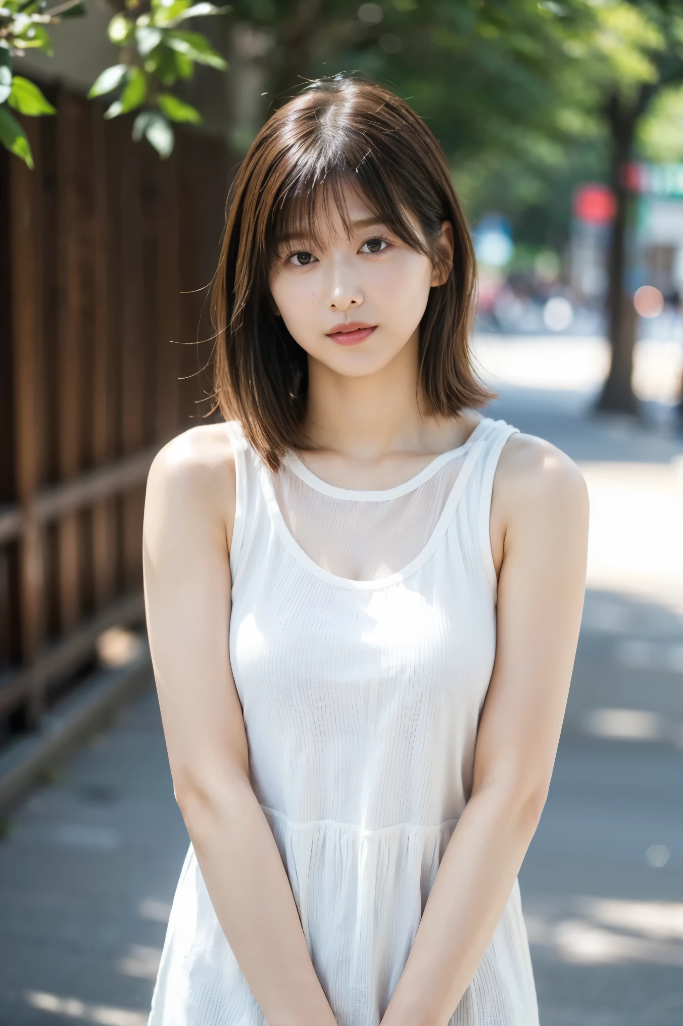 ( top quality、 high definition、8k、Masterpiece:1.55、 film grain)、(( full body photo:1.0))、 Japanese women、A woman with a cute upward gaze、 tank top with a loose chest、 full body photo:1.33、 Stylish Clothes That Show Your Body Line That Looks Great on Instagram、 no underwear:1.88、 light brown hair、 cute、 lens flare、((Nice style))、 high definitionの詳細写真、Very beautiful and ideal、Super no makeup、(8k、 RAW photos、 top quality、Masterpiece:1.2)、( realistic)、 1 girl、(( looking at camera:1.4))、 hair fluttering in the wind