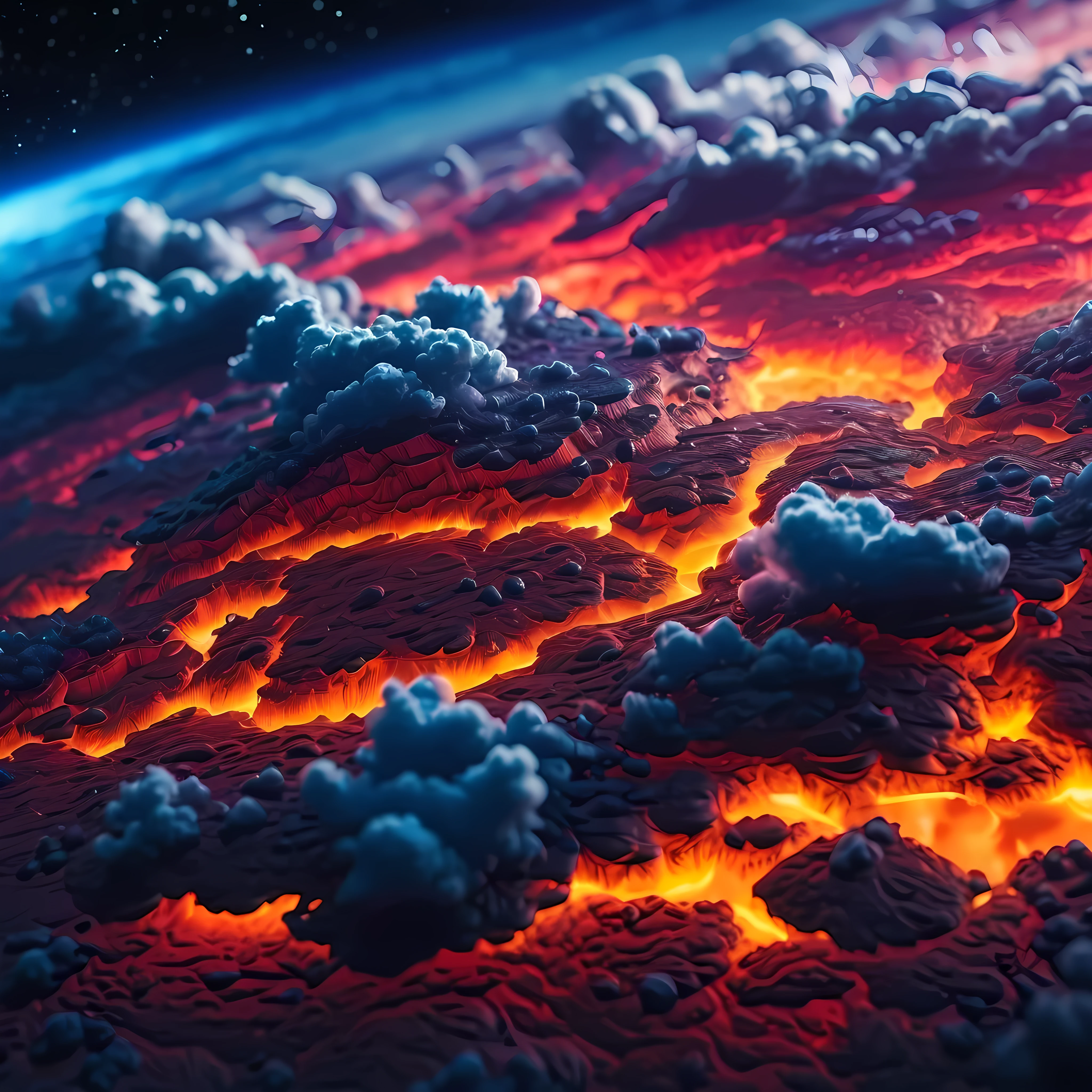 Create an image of the surface of a burning planet, with giant flares and black smoke rising into the sky, the spaceship maneuvering through these dangerous obstacles, ultra-realistic image. --auto --s2