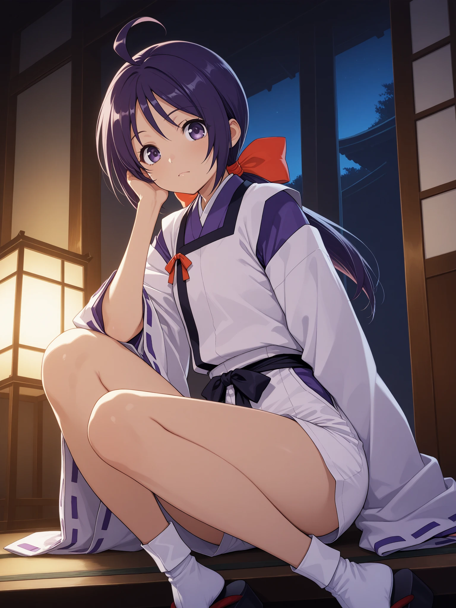 1girl, ichijou akari¥(bakumatsu rouman¥), (younger:1.5), long hair, purple hair, ahoge, low ponytail, ribbon, purple eyes, japanese clothes, wide sleeves, onmyouji, white shorts, tabi, sandals, ribbon-trimmed sleeves, white socks,in private room,sitting, night, looking at viewer,
masterpiece, best quality, cinematic lighting, (score_9, score_8_up, score_7_up, score_6_up, score_5_up, score_4_up), BREAK ,source_anime,