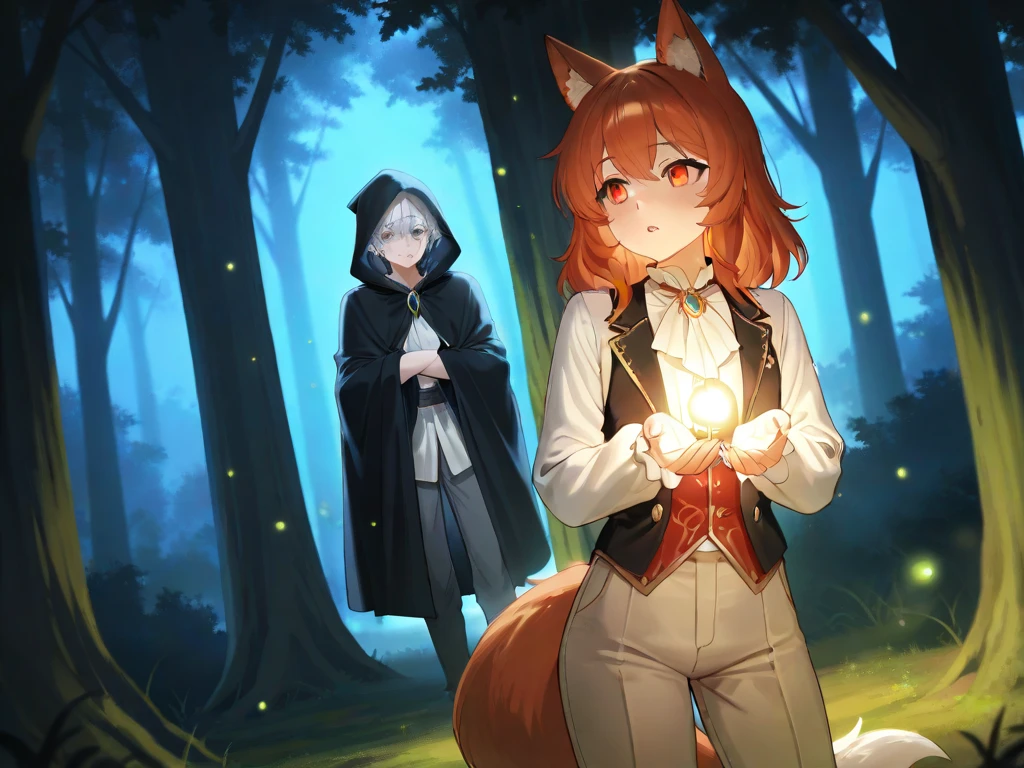 cena: Two boys looking at each other at night in a forest with fireflies .
Environment: The scene takes place in a dense and mysterious forest , with tall trees that barely let the moonlight through . The environment is illuminated by scattered light spots : the vagabonds blinking around the two boys , creating an enchanted and magical atmosphere . The leaves of the trees sway gently in the breeze , and the forest floor is covered by moss and fallen leaves .
Boy on the right : This boy is of medium height and has fair skin . His hair is a shade of greyish white , almost silver, and his gaze is penetrating , with light-colored eyes , maybe a bluish gray . He has a peculiar appearance , with fox ears that pop up on the top of your head , in a soft shade of gray . His fox tail , thick and fuzzy , is visible, stretching behind him . He wears simple clothes, typical of a peasant : a faded linen shirt and modest pants , perhaps with a simple vest . His expression is one of curiosity , with his eyes fixed on the boy in front of him , as if If he were trying to understand who he is and what he is doing there .
Boy on the left : This is the tallest character , With an imposing posture. His skin is also light , and her eyes are deep and expressive blue . Your hair is brown, well combed, and they fall slightly over his forehead , giving him a noble appearance . He wears an elegant prince costume , with details rich in gold and red , resembling the robes of an aristocrat , with a cape Long that flows behind him . In your hands, he holds a sword that shines slightly in the light of the stars and fireflies. His expression is confused and a little puzzled , as if he didn't know what was happening , watching closely the boy on the right , with an inquisitive and somewhat cautious look .