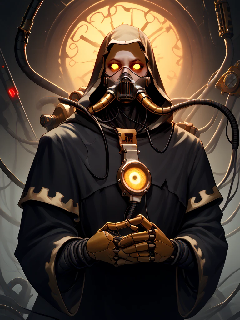 a black cultist, with yellow horror cultist mask, surrounded by dark aura, yellow shadowy smoke and dark yellow tentacles, dark mood, horror mood, Lovecraft, monsters, monstrous, darkness
