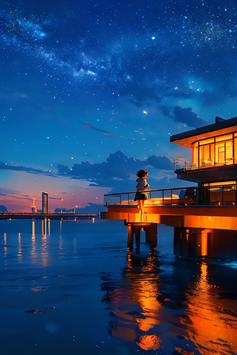  the girl sitting on the pier staring at the city at night,  until the anime wallpaper 4k  ,  Anime Art Wallpaper 4k,  Anime Art Wallpaper 4k,  Anime Art Wallpaper 8k , Space Sky.   por Shinkai Makoto  , 4k anime wallpaper, 4k anime wallpaper,  anime wallpaper 4k ,  the girl is staring at the sky , 4K Anime Style