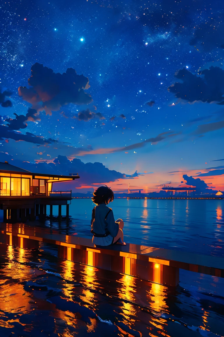  the girl sitting on the pier staring at the city at night,  until the anime wallpaper 4k  ,  Anime Art Wallpaper 4k,  Anime Art Wallpaper 4k,  Anime Art Wallpaper 8k , Space Sky.   por Shinkai Makoto  , 4k anime wallpaper, 4k anime wallpaper,  anime wallpaper 4k ,  the girl is staring at the sky , 4K Anime Style