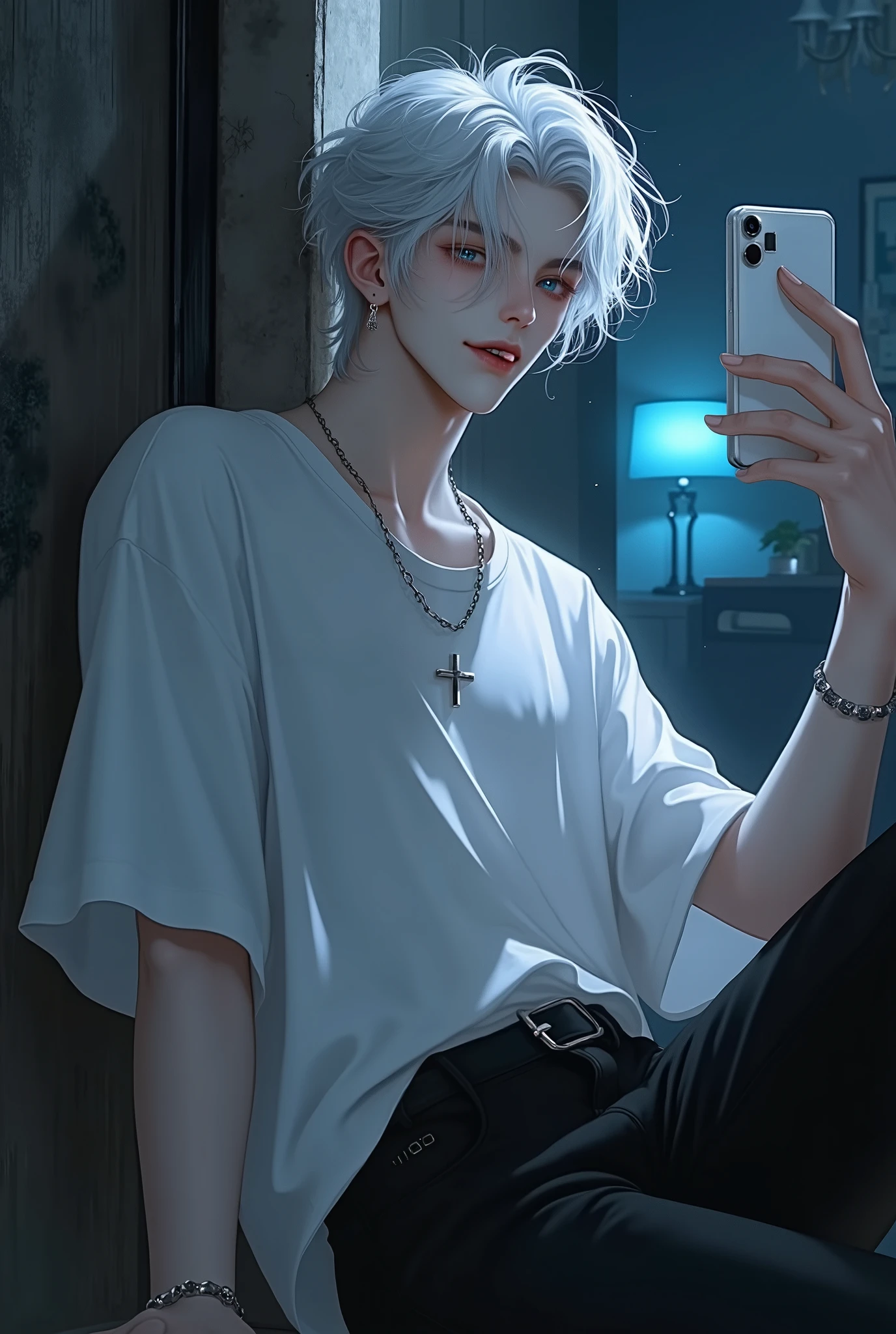 anime, A handsome young man with a dark mysterious atmosphere, taking a selfie in front of a mirror, shot from the side, in a room with a dark mysterious atmosphere, an elegant model, sticking out his tongue with a mischievous smile, leaning against the wall, striking a charming pose, dark illustration, 19 years old, Japanese-Korean half, smoothly drawn, softly drawn, white short hair, handsome and arranged hair, light blue eyes, cool and narrow eyes, small face, white skin, tall, stylish, tempting, winking, wearing earrings, cool and dark mysterious atmosphere, short sleeves, black pants, summer clothes, portrait, dim background, model shooting, light illuminating the room. RenderMan renderer used. High resolution, high contrast, high color saturation.