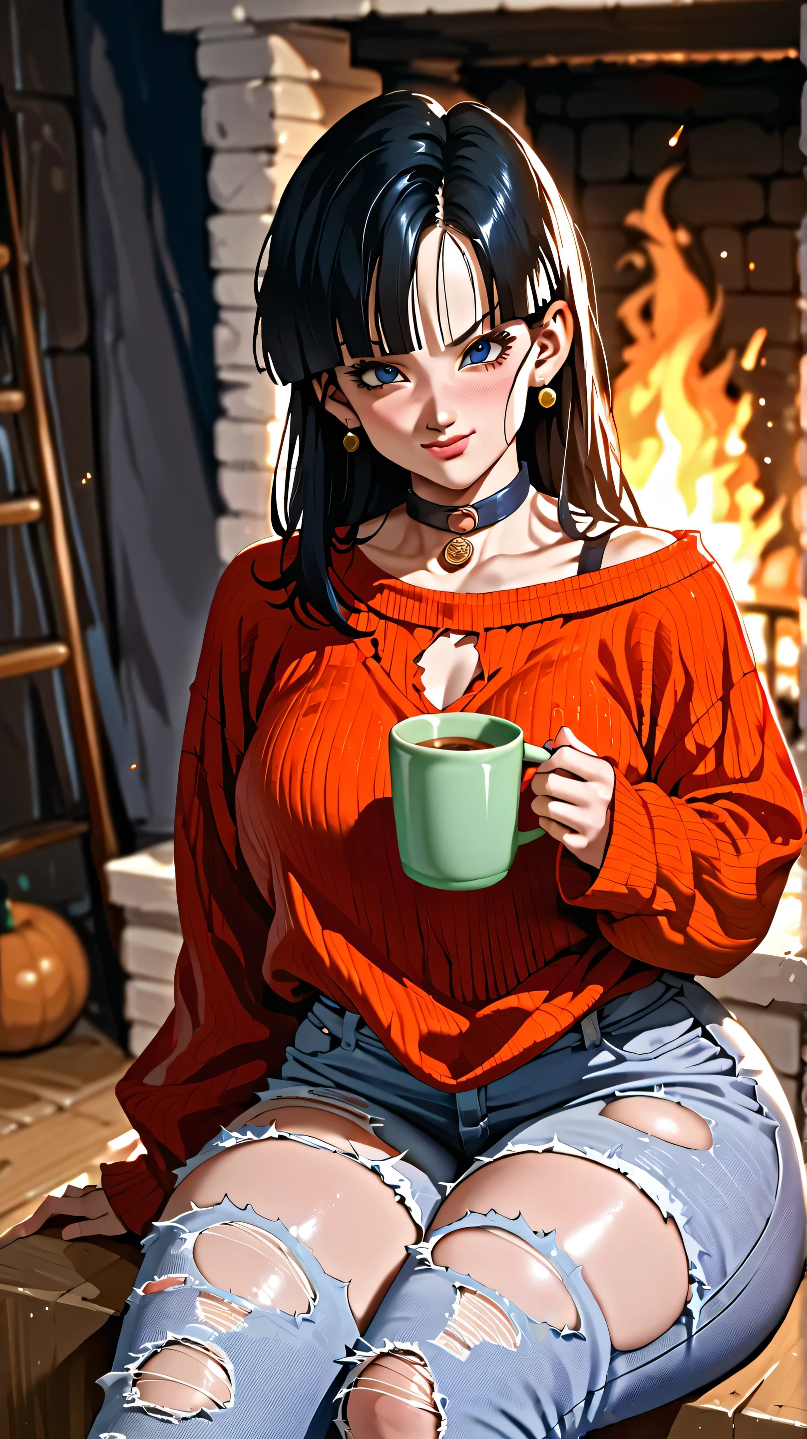 Masterpiece, pan from dragon ball gt (horny face expression), (wearing oversized sweater, ripped jeans, choker, collar), thick thighs, wide hips, alone, no wolves, comics, fantasy, sfw, onis, sitting, holding a cup, house fireplace background