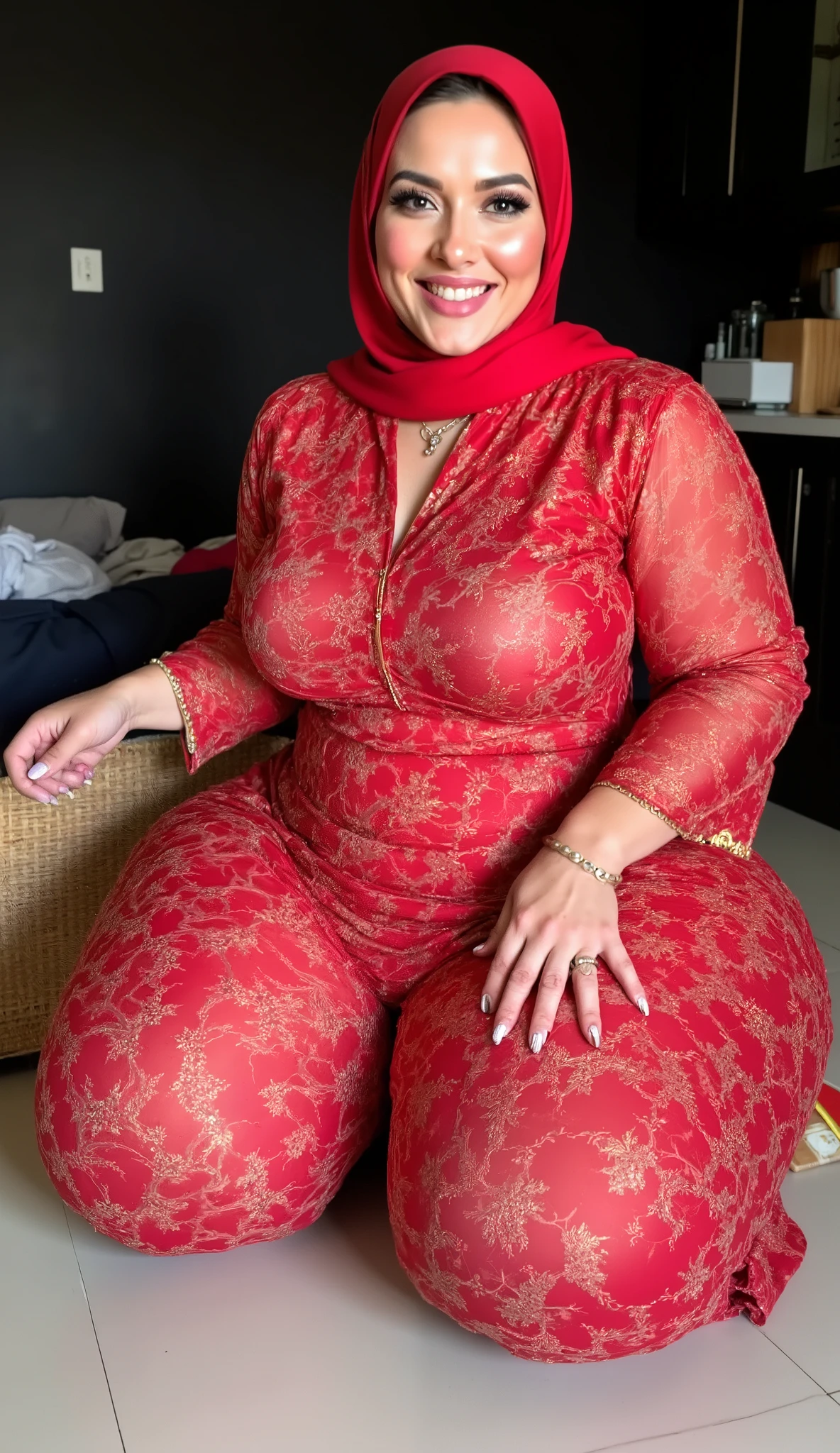 ((best quality、8k )), Middle-aged woman, high quality, Indonesian woman, , ((40 years old)), Plump body, big breasts, red hijab, wearing red lace robe, tight trousers, heels, swimming pool villa in the morning