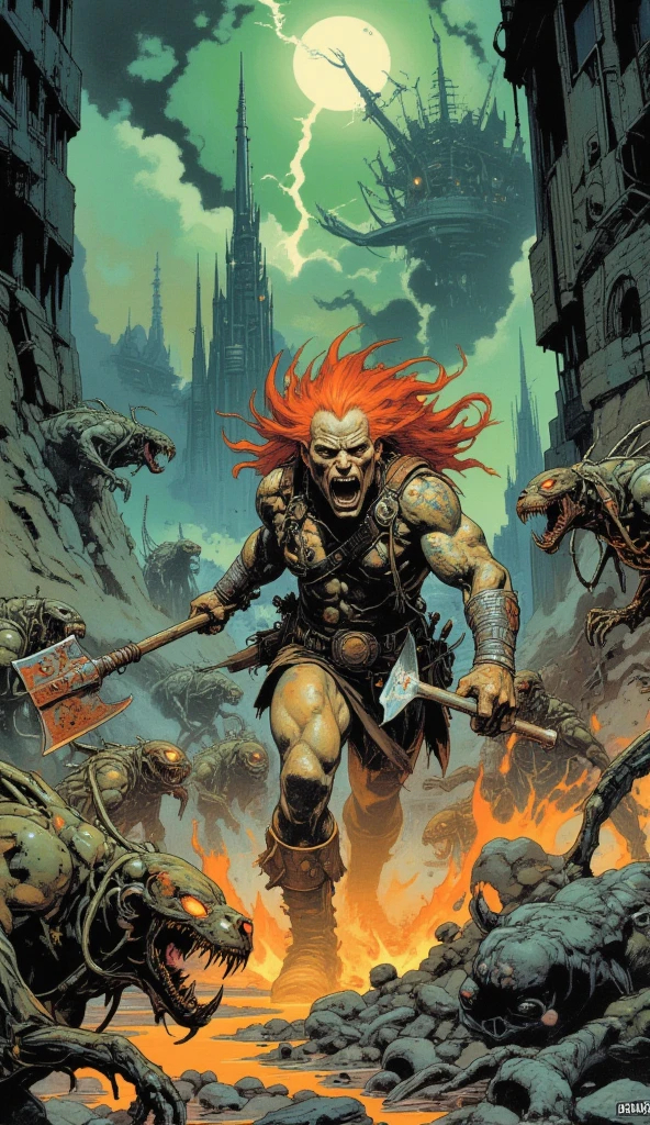 "A red-haired barbarian, his flaming mane whipping wildly in the toxic winds, stands locked in a brutal battle against a horde of grotesque, infernal creatures. His massive, muscular frame glistens with sweat and blood under the eerie, dim glow of a biomechanical sun that casts sickly hues of crimson and green across the apocalyptic battlefield. His battle-scarred body is clad in scraps of leather and bone, and his double-edged axe—etched with ancient runes—gleams with a fiery, supernatural energy.

The infernal creatures, inspired by the nightmarish designs of H.R. Giger, are a terrifying amalgamation of flesh and machinery. Their elongated, skeletal forms twist unnaturally, their sinewy muscles exposed and pulsing with phosphorescent fluids. Metallic appendages extend into jagged claws, each movement emitting a grating, mechanical screech. Some creatures crawl on twisted, spiked limbs, while others slither, their serpentine bodies leaving trails of smoldering ichor. Their hollow, glowing eyes burn with malice as they converge on the barbarian.

The landscape surrounding the chaotic battle is a vision from Zdzisław Beksiński’s darkest nightmares: a desolate, surreal expanse littered with crumbling monoliths, organic towers that writhe like living things, and rivers of molten ash that weave through the cracked, blackened earth. The air is heavy with the stench of decay, and the sky above churns with swirling clouds of ash and fire, pierced by flashes of sickly green lightning.

The barbarian roars with defiance, his fiery hair and blazing axe cutting through the darkness as he charges into the horde. His movements are raw and primal, a contrast to the calculated, otherworldly fluidity of his biomechanical foes. This moment captures the ultimate clash of savage humanity against apocalyptic monstrosities, rendered in stunning, hyper-detailed realism, blending the brutal energy of a barbarian’s fury with the surreal dread of a collapsing, alien world."
