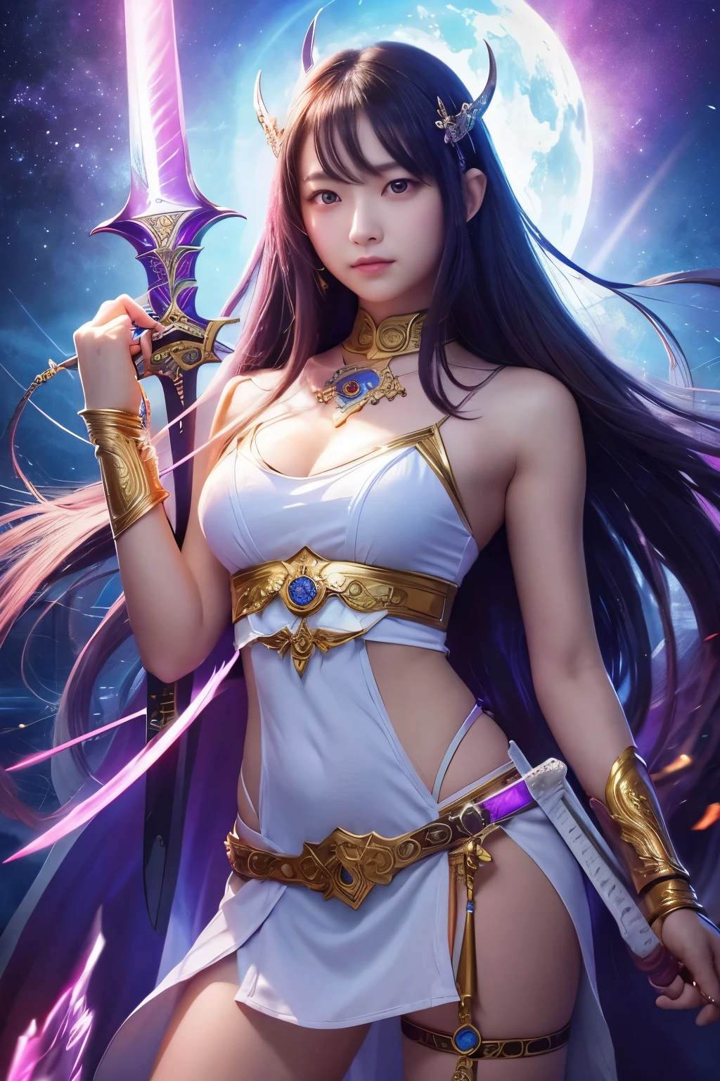 femele、20yr old、FULL BODYSHOT、(Wrap a silk cloth around your body、blanche、Thin silk cloth on the body)、(Colorful nebulae)、Goddess of battle、Wearing armor、the bow、arrow、spear、Floating in the air、Dynamic Pose、supernova、explosions、milkyway、