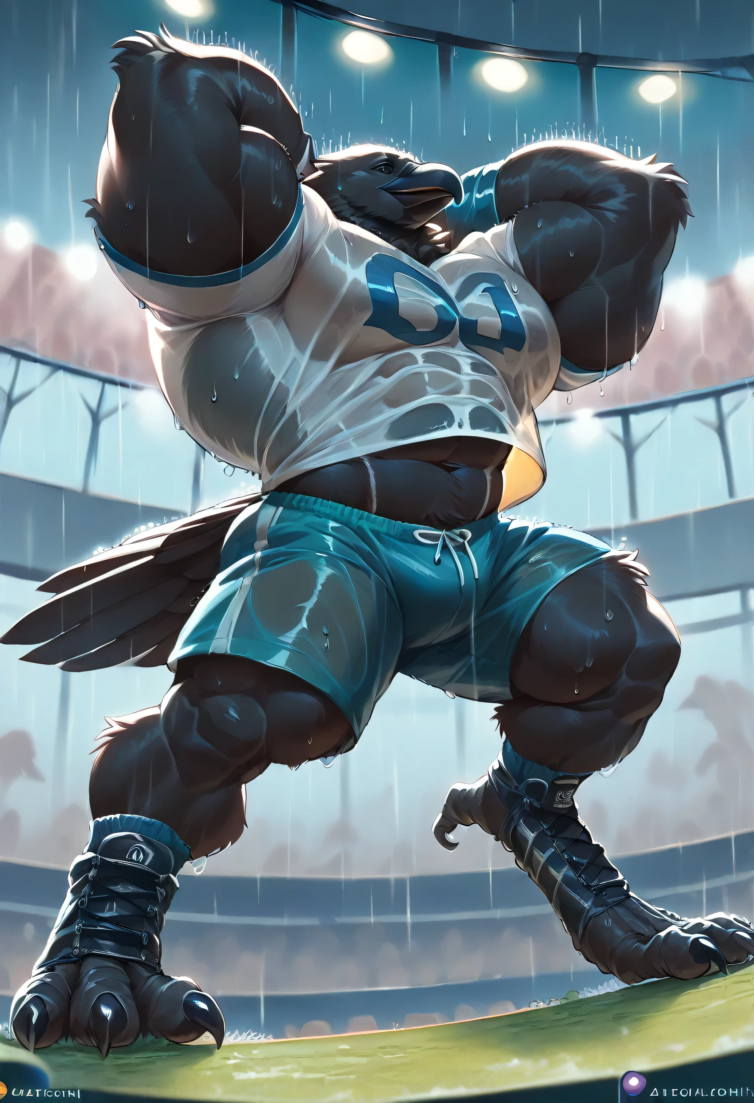 muscle crow, (((crow))), corvid, furry, ((thick, muscular, hypertrophy)), male, black feathers, claws, extremely broad shoulders, huge thick muscles, ((little definition)), ((massive pecs, huge back)), anatomically correct, ((outdoors, concert stadium, rain, soaked in rain, green beach shorts, baggy white t-shirt)), hands behind head