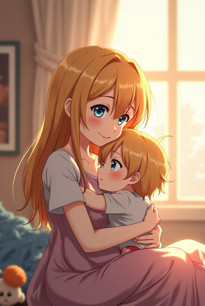Beautiful 23 year old large blonde woman in lingerie, sitting on a , pubic hair, big one bare breast, tongue with pleasure, in a softly lit bedroom on a cozy bed and warm flowers, sex with little 7 year old redheaded son in pajamas. small 7 year old boy inserts penis into woman's crotch, a little boyssionate, movement lines.
