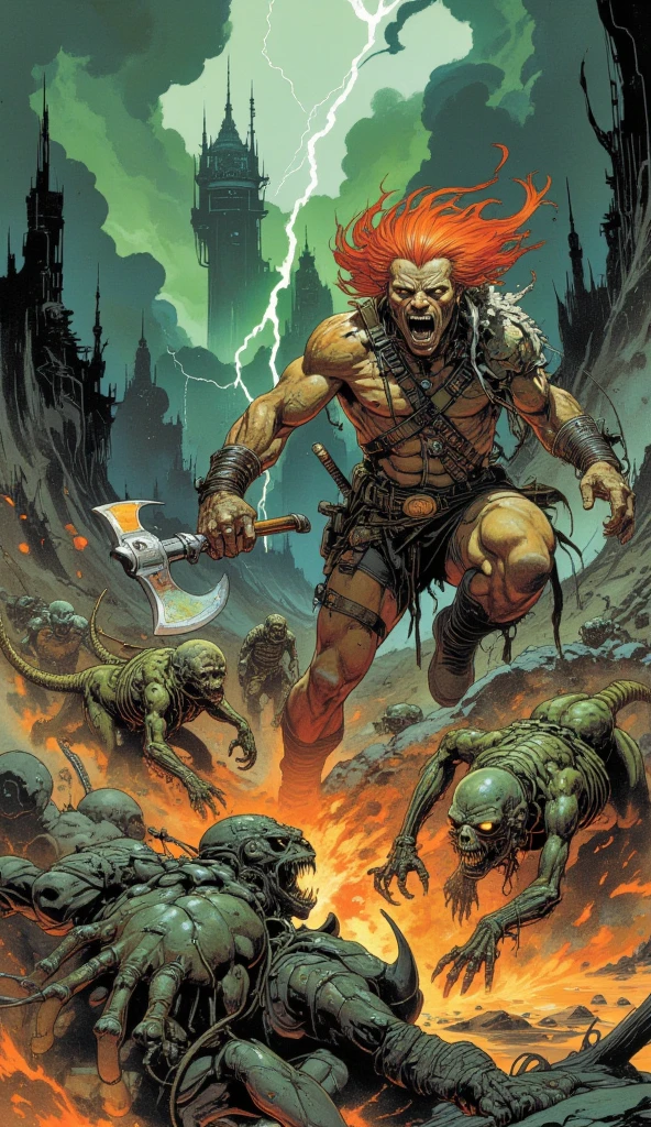 "A red-haired barbarian, his flaming mane whipping wildly in the toxic winds, stands locked in a brutal battle against a horde of grotesque, infernal creatures. His massive, muscular frame glistens with sweat and blood under the eerie, dim glow of a biomechanical sun that casts sickly hues of crimson and green across the apocalyptic battlefield. His battle-scarred body is clad in scraps of leather and bone, and his double-edged axe—etched with ancient runes—gleams with a fiery, supernatural energy.

The infernal creatures, inspired by the nightmarish designs of H.R. Giger, are a terrifying amalgamation of flesh and machinery. Their elongated, skeletal forms twist unnaturally, their sinewy muscles exposed and pulsing with phosphorescent fluids. Metallic appendages extend into jagged claws, each movement emitting a grating, mechanical screech. Some creatures crawl on twisted, spiked limbs, while others slither, their serpentine bodies leaving trails of smoldering ichor. Their hollow, glowing eyes burn with malice as they converge on the barbarian.

The landscape surrounding the chaotic battle is a vision from Zdzisław Beksiński’s darkest nightmares: a desolate, surreal expanse littered with crumbling monoliths, organic towers that writhe like living things, and rivers of molten ash that weave through the cracked, blackened earth. The air is heavy with the stench of decay, and the sky above churns with swirling clouds of ash and fire, pierced by flashes of sickly green lightning.

The barbarian roars with defiance, his fiery hair and blazing axe cutting through the darkness as he charges into the horde. His movements are raw and primal, a contrast to the calculated, otherworldly fluidity of his biomechanical foes. This moment captures the ultimate clash of savage humanity against apocalyptic monstrosities, rendered in stunning, hyper-detailed realism, blending the brutal energy of a barbarian’s fury with the surreal dread of a collapsing, alien world."
