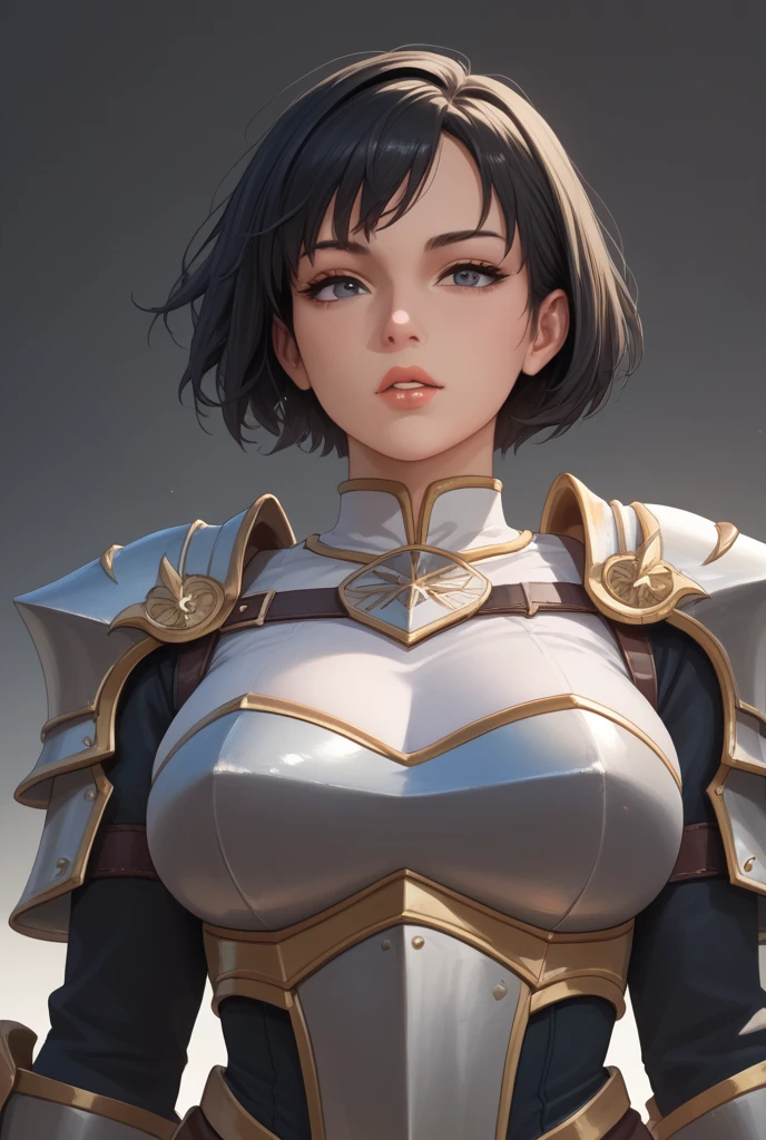 ((((masterpiece, best quality, high resolution)))), Extremely detailed 8K, Beautiful girl with voluptuous body, (Ultra HD, Ultra-detailed, Highly detailed, Highly realistic, Ultra-realistic, photograph realistic), (1girl:1.5), (Realistic black hair), (short wavy hair, hair ornaments, earrings), (dynamic poses), facing at camera, looking at viewer, (blushing red, embarrassed, exhausted), (green eyes, sharp eyes), (massive perky breasts:1.2), (beautiful detailed face, beautiful detailed eyes), ((knight metal body armor, breasts plate)), (standing up), sweat, glow, (sunbeam, sunlight), ((cowboy shot)), inside dungeon, seductive