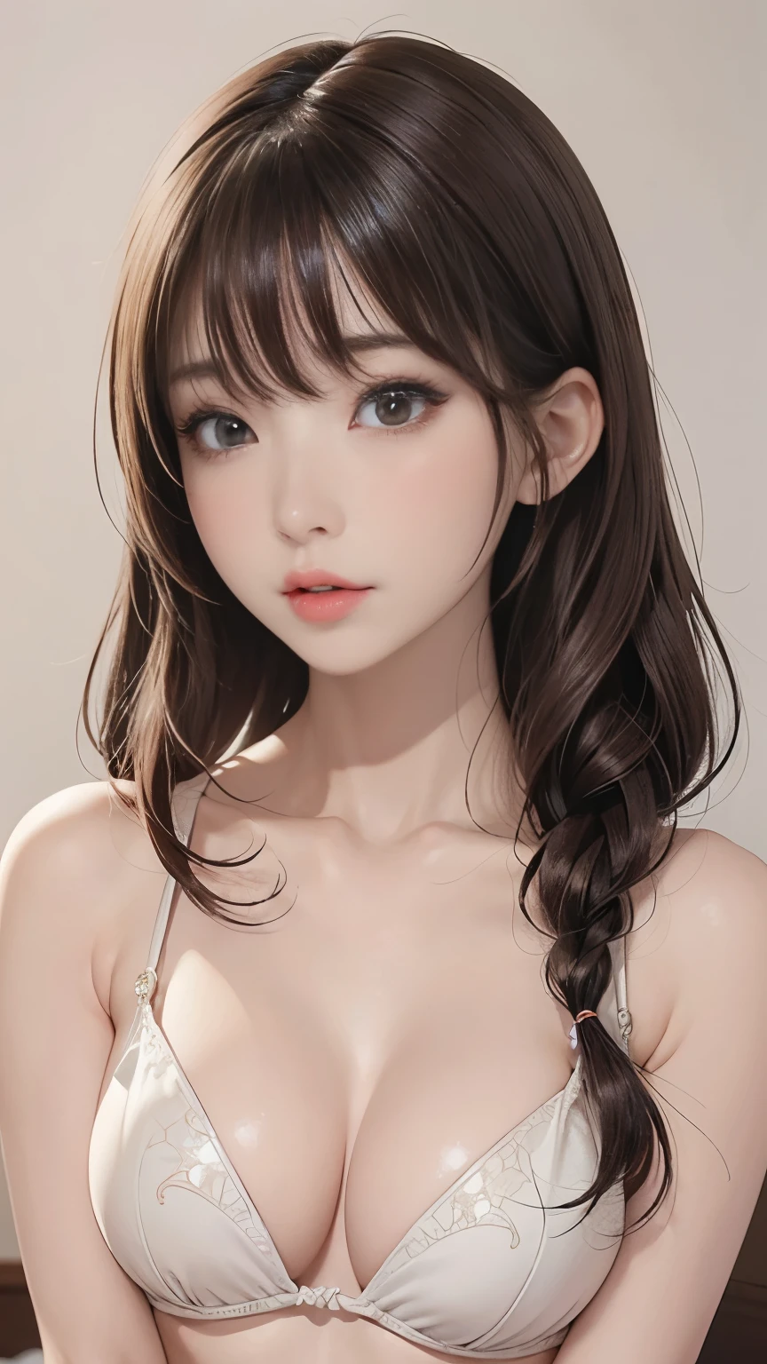 (8K, original photo, Reality:1.25) ,( Small lip gloss, eyelash, Glossy surface, Smooth and radiant skin, Best quality, Ultra-high resolution, Depth of Field, Chromatic Aberration, Caustic lines, Wide-angle light, Natural shadows, ) ,Full Body Love,slim,Brown hair, Bangs, hair behind ears, Shoulder-length hair, long hair,Large cleavage,realistically