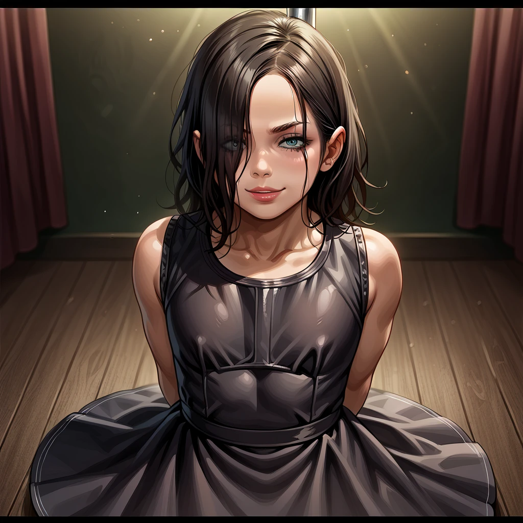 realistic, 1girl, source_anime, score_9, looking at viewer, asymmetrical
darkness, nighttime, sevenline, ,smug,score_9, score_8_up, score_8, source_anime, 1girl, solo, flat chest,, long hair, black hair,, ,,dynamic,medium hair,,perky breasts,,,shredded abs,,massive ass,hair over one eyes,skindentation,perfect,sexy,beautiful,perfect lips, eyeshadow ,dynamic pose,wide hips,solo, female only,tanned,, leggings, breasts ,irresistible,sexy outfit,muscular,solo, black dress, sexy,close,,smug, ,close up, ,,solo,perfect body,youthful, young,,perfect face, 18 years old,makeup, eyeshadow ,haltertop,platform heels ,lipstick,Pole dancing,strip club
 