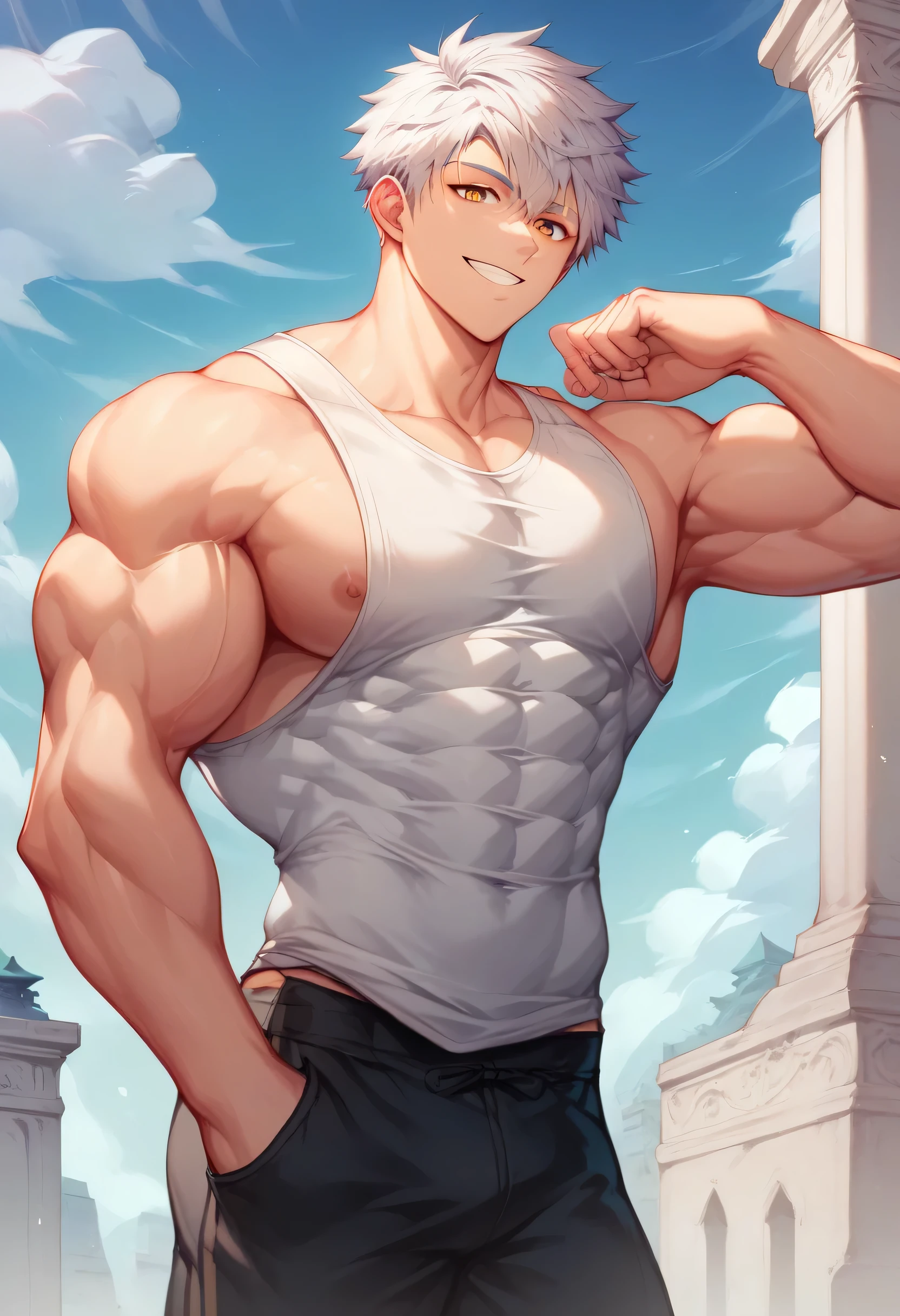 score_9, score_8_up, score_7_up, score_6_up, 1boy, solo, straight hair, short hair, silver-white hair, amber eyes, muscular, gigachad, white sleeveless shirt. (Very loose gym shirt), black cloth pants, Greek temple, standing, looking at viewer, innocent and pure expression like a 's gaze. smile.