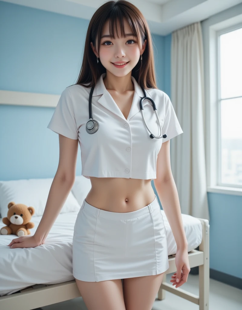 Ultra High Definition “Pretty, cute and innocent image Surreal beauty An 20-year-old Japanese girl with big eyes is smiling broadly in a stylish, sophisticated, sexy and fashionable ultra-miniskirt She is wearing a nurse's uniform and stands next to a white bed in a hospital with a stethoscope hanging around her neck Bright reflected light makes her long legs look gorgeous and attractive Tall and working as an AV model in Japan, she specializes in sexiness with her slender body Ultra low angle shot taken from the bottom up with a 50mm lens, showing her knees to highlight her long legs. . The lighting is even and bright, with bounced light illuminating the lower half of her body, creating a bright, energetic, and playful expression.  She is wearing black shoes and there is a small teddy bear on the floor. Ultra high quality “Pretty, cute and innocent image surreal beauty 20 year old Japanese girl with big eyes is smiling broadly with a sophisticated and stylish look, she is wearing a sexy and stylish ultra miniskirt and standing next to a white bed in a hospital with a stethoscope hanging around her neck, her long legs look gorgeous and attractive with bright reflected light She is tall and working as an AV model in Japan, she specializes in sexiness with her slender body This is an ultra low angle shot taken from the bottom up with a 50mm lens, showing her knees to emphasize her long legs. She is wearing black shoes and there is a cute little teddy bear next to her shoes . The lighting is even and bright, with bounced light illuminating the lower half of her body, creating a cheerful, energetic, and playful expression. She is wearing black shoes, and there is a small teddy bear on the floor.