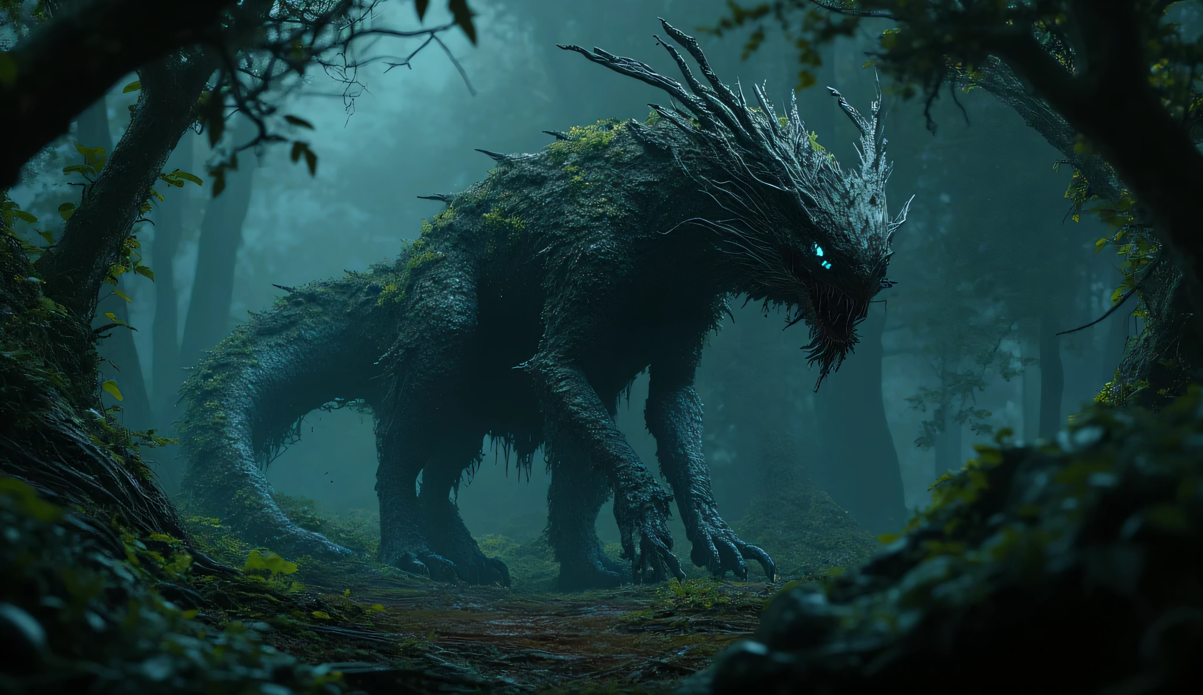 A huge dragon of nature, consisting of earth and grass. He is very handsome and elegant. The eyes are bright blue. He doesn't have wings. The impenetrable jungle. Twilight. horror