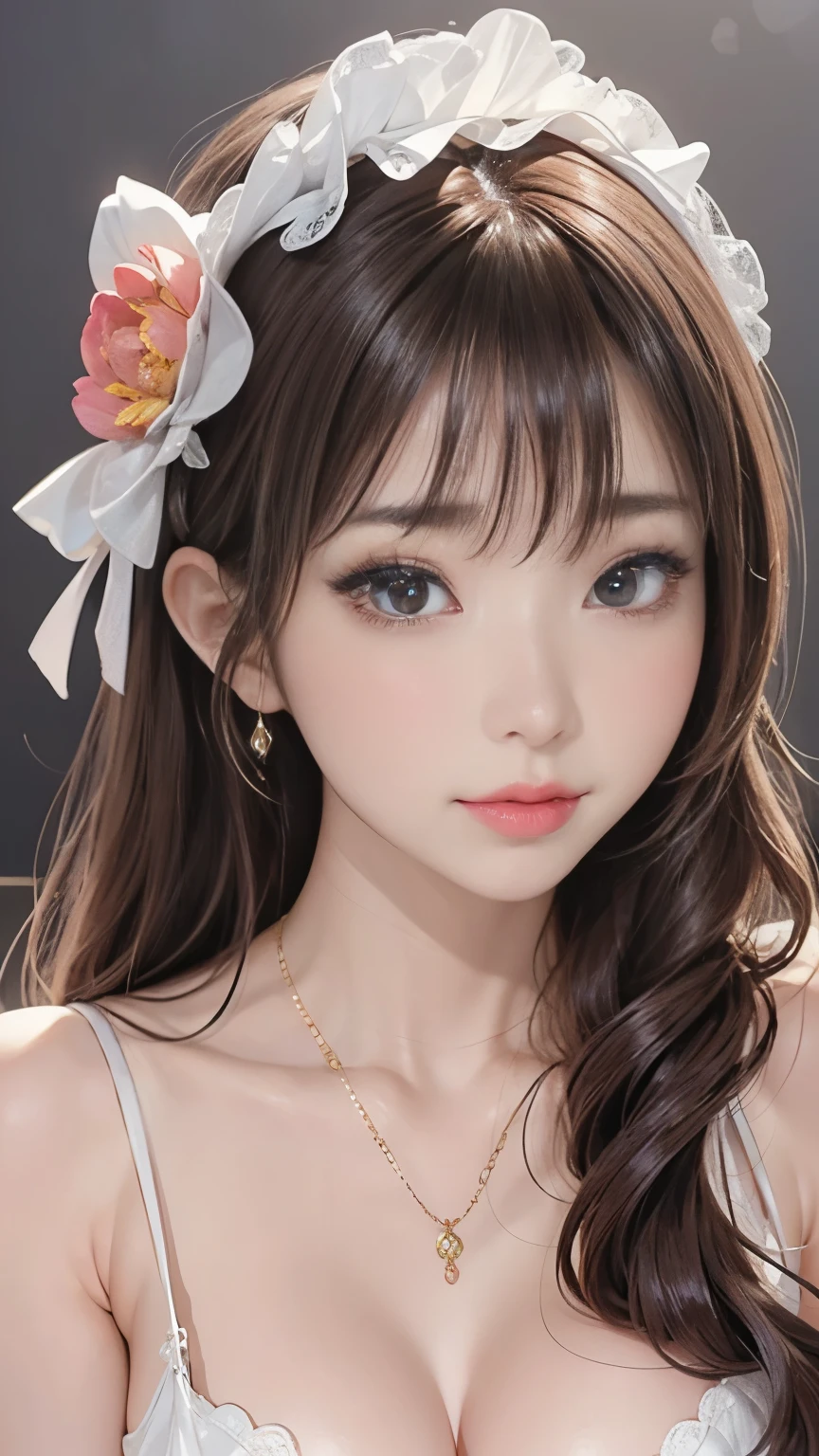 (masutepiece:1.3), High resolution, ultra-detailliert, the Extremely Detailed CG Unity 8K Wallpapers, Realistic, Photorealsitic, Raw photo, beautifull detailed face, pale skin, realistic glistening skin, Detailed Cloth Texture, detailed hair texture, Perfect body, Beautiful face, acurate, Anatomically correct, Highly detailed face and skin texture, Natural neck length, (Fair skin:1.2), thin legs, Thin feet, (Aligned teeth:1.1), Sweaty skin, BREAK, Detailed eyes, symmetrical eye, Light brown eyes, Double eyelids, Thin eyebrows, (Sleepy eyes:1.1), (Glossy lips:1.4), (Mouth waiting for a kiss:1.2), (blush:1.2), (Small hair accessories that sparkle:1.1), BREAK, (classy girl:1.3), (Wearing (doress:1.2) With a white floral pattern), BREAK, ((Close Up Shot:1.2)), medium breasts, Slender figure, Firm abs, ((up do hairstyle, Dark blonde hair, Wavy Hair, Long hair:1.1)), ((asymmetric bangs:1.2)),