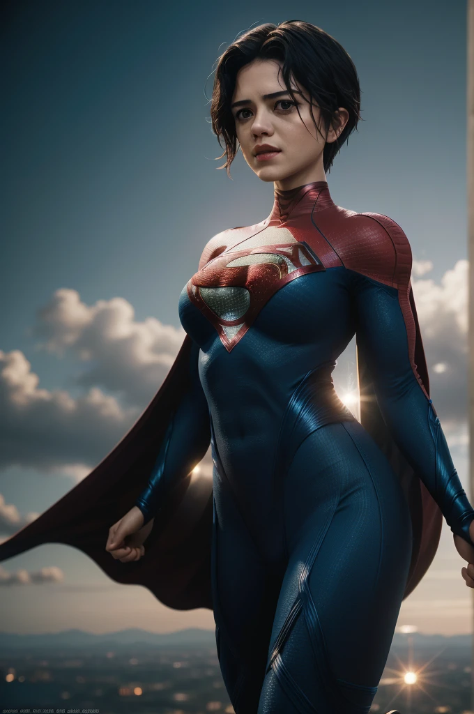 cinematic photo (best quality), (masterpiece), (intricate),realistic, sashacallekarazorelQuiron, Heroic flying over world, . 35mm photograph, film, bokeh, professional, 4k, highly detailed