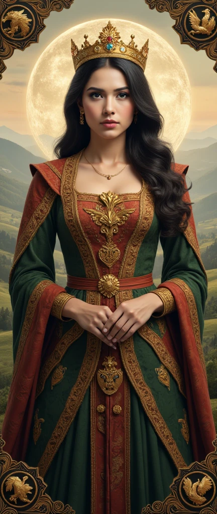 Create an image for a medieval book titled Queen of the Four Kingdoms.
She has bkack hair