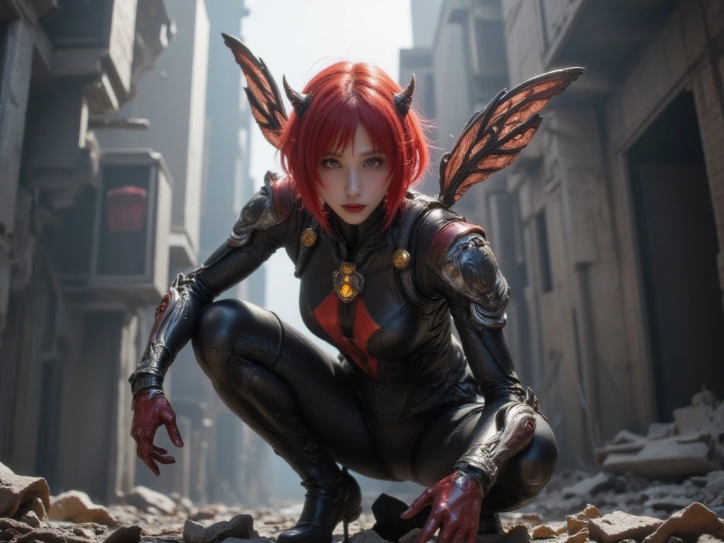 A striking depiction of a young woman, clad in a vibrant, high-tech exosuit, as she crouches amidst the ruins of a metropolitan street. The subject, hereafter referred to as Warframe, sports a striking red mane and dons an ensemble adorned with black and red accents, evoking the image of a winged insect. Delicate, almost ethereal wings sprout from her back, casting a subtle, otherworldly glow on the surrounding architecture.

Warframe's gaze, piercing and intense, seems to bore into the viewer, as if sizing them up for potential conflict. Her slender fingers, clad in metallic gauntlets, are stained with crimson, hinting at a recent, intense battle. The urban backdrop, with its towering skyscrapers and narrow alleys, serves as a testament to Warframe's willingness to venture into the heart of the city, where danger and opportunity often converge.

This captivating image presents a dynamic, high-octane portrait of Warframe, poised on the cusp of action, as she navigates the treacherous landscape of the urban jungle.