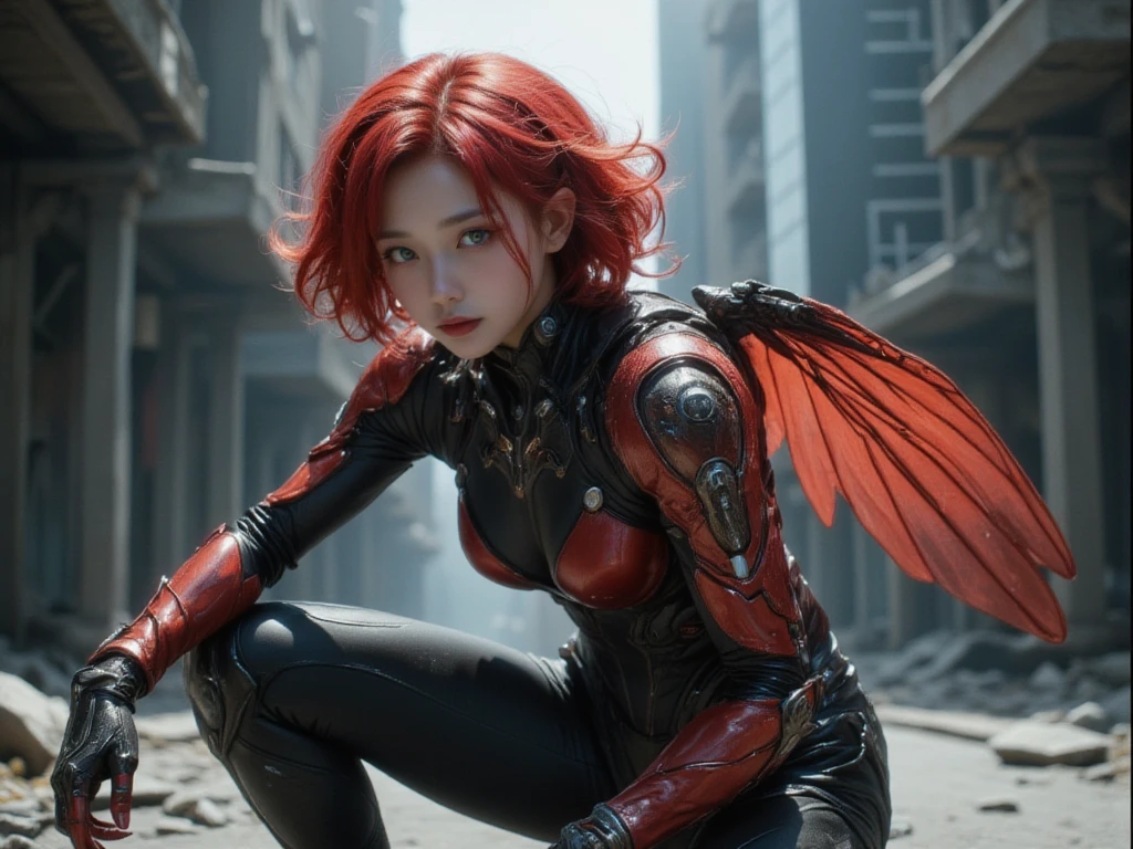 A striking depiction of a young woman, clad in a vibrant, high-tech exosuit, as she crouches amidst the ruins of a metropolitan street. The subject, hereafter referred to as Warframe, sports a striking red mane and dons an ensemble adorned with black and red accents, evoking the image of a winged insect. Delicate, almost ethereal wings sprout from her back, casting a subtle, otherworldly glow on the surrounding architecture.

Warframe's gaze, piercing and intense, seems to bore into the viewer, as if sizing them up for potential conflict. Her slender fingers, clad in metallic gauntlets, are stained with crimson, hinting at a recent, intense battle. The urban backdrop, with its towering skyscrapers and narrow alleys, serves as a testament to Warframe's willingness to venture into the heart of the city, where danger and opportunity often converge.

This captivating image presents a dynamic, high-octane portrait of Warframe, poised on the cusp of action, as she navigates the treacherous landscape of the urban jungle.