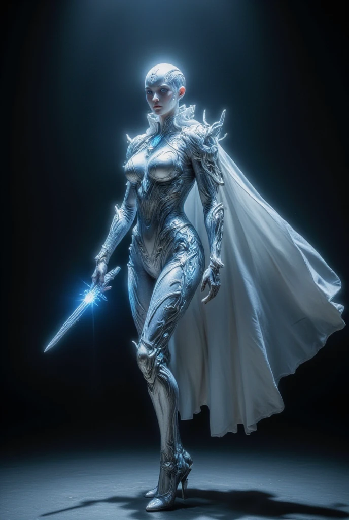 Warframe, a luminescent guardian, stands resolute against the dark expanse. Adorned in an intricate suit of silver armor, infused with ethereal energy, she embodies a fusion of strength and elegance. The armor's metallic plates shimmer with a soft, blue light, as if the very fabric of the suit is alive and pulsing with an otherworldly power.

A flowing white cape, embroidered with intricate circuitry, billows behind her, a testament to her unwavering dedication to her craft. Her face, a mask of serenity, is set in a determined expression, as if she has gazed into the very depths of the void and emerged unscathed.

In her hand, a radiant sword gleams with an intense, crystalline light, its blade a focal point for the energy that courses through her armor. The Warframe's eyes, pools of deep, unyielding resolve, seem to bore into the very soul of the darkness, a challenge to the shadows to come forth and test her mettle.

As she stands, a beacon of hope in a desolate universe, the Warframe embodies the unyielding spirit of a warrior, a shining exemplar of courage and determination in the face of overwhelming adversity.