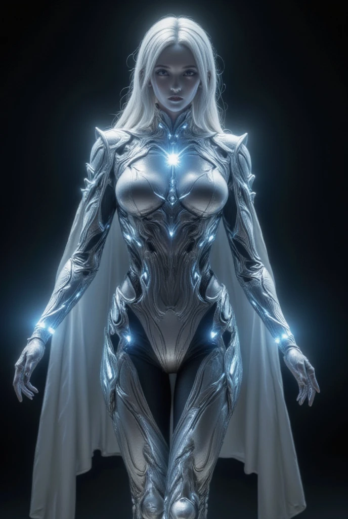 Warframe, a luminescent guardian, stands resolute against the dark expanse. Adorned in an intricate suit of silver armor, infused with ethereal energy, she embodies a fusion of strength and elegance. The armor's metallic plates shimmer with a soft, blue light, as if the very fabric of the suit is alive and pulsing with an otherworldly power.

A flowing white cape, embroidered with intricate circuitry, billows behind her, a testament to her unwavering dedication to her craft. Her face, a mask of serenity, is set in a determined expression, as if she has gazed into the very depths of the void and emerged unscathed.

In her hand, a radiant sword gleams with an intense, crystalline light, its blade a focal point for the energy that courses through her armor. The Warframe's eyes, pools of deep, unyielding resolve, seem to bore into the very soul of the darkness, a challenge to the shadows to come forth and test her mettle.

As she stands, a beacon of hope in a desolate universe, the Warframe embodies the unyielding spirit of a warrior, a shining exemplar of courage and determination in the face of overwhelming adversity.