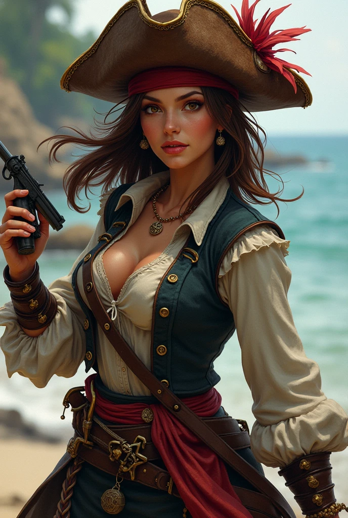 Generate detailed and creative descriptions of the busty female version of Jack Sparrow. Imagine what she looks like, Clothes are, and unique and charming accessories.,Also keep《pirates of the caribbean》The Essence of Jack Sparrow.' Emphasize her personality traits and any unique characteristics that make her unique, beauitful face, Nice face, tmasterpiece, Best quality:1.2),(8K,A high resolution,RAW photos,actual,realisticlying:1.3),(Detailed skin texture,Fabric texture delicate,beautiful detailed face:1.25),profesional lighting,フォトンマッピング,beautiful soft light,Radio City,physically-based renderingt,model shoot style, model shoot style, (Extremely detailed CG unified 8k wallpapers of human body photos of the world's most beautiful artworks, complex 3d render ultra detailed of a, looking at viewert, Number 18, Wet hair, Real human skin, vibrant detail, hyper realisitc, The beautiful, Octagonal rendering, 8K, Best quality, tmasterpiece, Extremely Delicately Beautiful, very detailed nipples ,CG ,unified ,Wallpapers, (actual, realisticlying:1.37),Amazing cleavage, Detailed pubic hair, tmasterpiece,Best quality,offcial art, extremely detaild的 CG unified 8k wallpapers ,extremely detailed eye, ( a perfect face), Glowing and radiant skin, Colorful, The most detailed, vibrant with colors, 超A high resolution, (hight contrast), iintricate, lens flare glow,