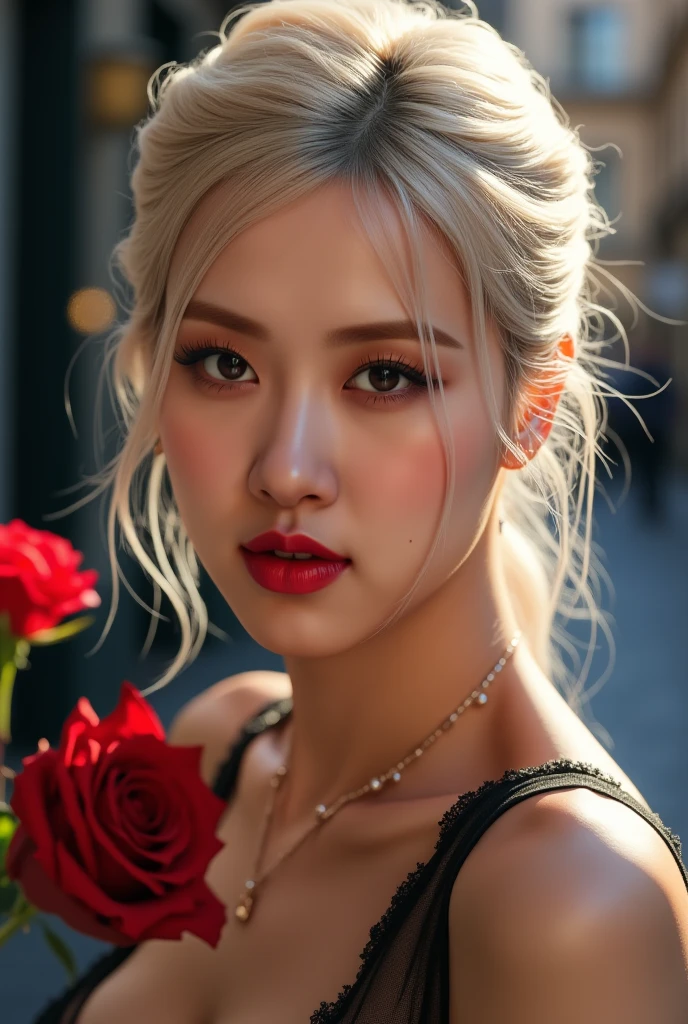 Realistic,(photorealistic Realism),((high resolution)),((intricately detailed digital art)),(best quality),(realistic texture details: perfect skin, smooth skin),(professional photography)、((a beautiful girl [Rosé from blackpink]:1.3)), (close-up eyes:1.2),((sharp focus, no blurry, high resolution, absurd quality, Realistic brown_eyes:1.3), Wear an off-the-shoulder top, full bodyesbian,(dark shot),((Intricately detailed (laced), modest costume, (((see-thru PVC))) costume:1.4)), (Style your curly white hair, short hair, ((WHiTE curls at the ends of the hair)), hair above one eye,(short combed to the side)), (long skirt)、 Black Long Boots 、street, European Buildings，Slate pavement，(Rose flower)，(Shining, mesmerizing, Vibrant eyes:1.2), (perfect dark_eyeshadows:1.35), detailed lips:1.3, (apply glossy red_lipstick), ((pink_makeup)), (beautiful little nose), (perfect proportions:1.2),(small head),(anatomically correct), perfect female body, firm and full breasts, (Super beautiful), (vivid and colorful), The attention to detail, focus of girl, dynamic pose, sexy and seductive, flirty smile, dslr, high quality split lighting, sharp focus captured by Fujifilm XT3, f 5.6, in a dramatic lighting, (perfect composition),