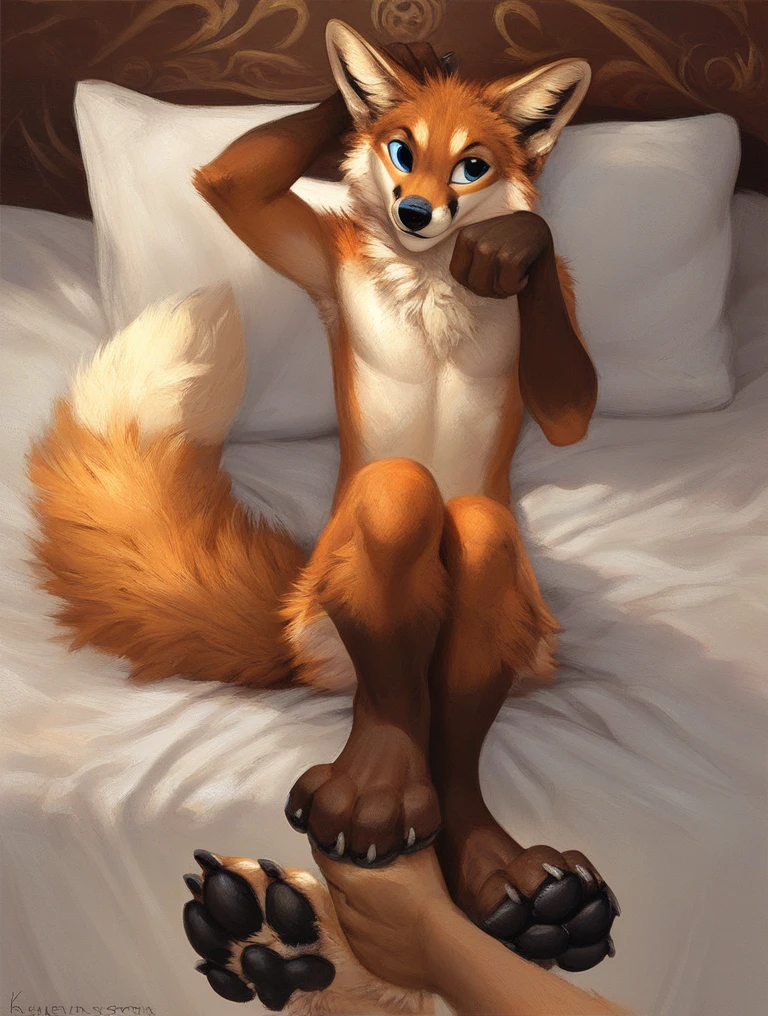 Solo, male, furry art, fursona, ((wolf)), (((green primary fur))), white secondary, (perky ears),sexy pose, bedroom background, amazing art, masterfully executed, beautiful background, normal body, paws, lies in bed
