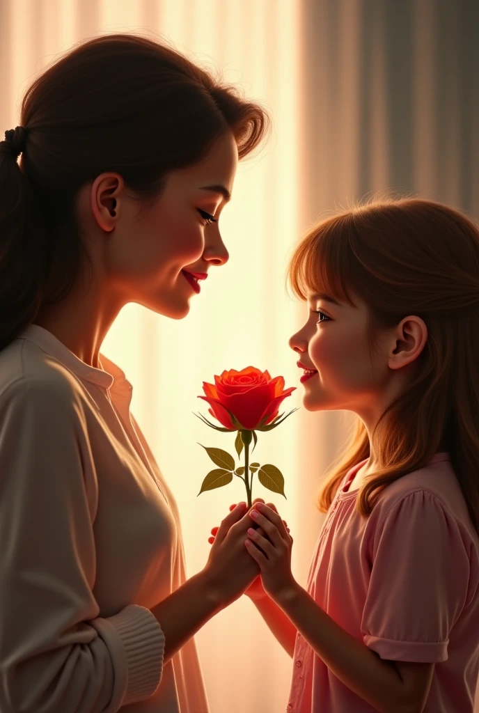¡Claro! Aquí tienes el prompt adaptado para un estilo de pintura al óleo:
**Prompt:**
"An oil painting of a 7-year-old boy giving a beautiful rose to his mother, a woman with beautiful dark skin, in a children's park. The sunlight filters through the trees, casting a warm glow on their faces. The mother has a joyful expression as she receives the rose. The brushstrokes are rich and textured, capturing the warmth and emotion of the moment."
Espero que esto capture la esencia de la escena en un estilo de pintura al óleo. ¿Te gustaría añadir algún otro detalle o explorar otro estilo?