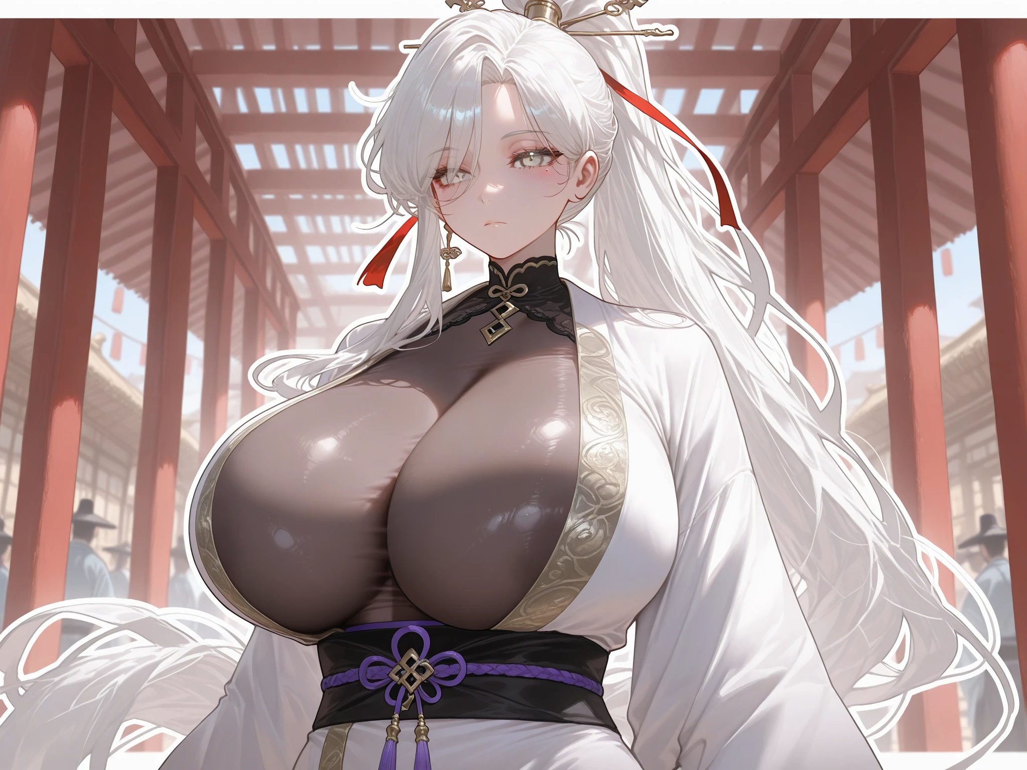 ((White hair), long hair, ponytail), (Silver eyes, perfect eyes),
white oriental kimono, (breast bodystocking),
standing in an eastern village, samurai in the background, people with oriental looks in the background,
(expressionless, mole under eye),
(solo, 1girl), huge body, massive chest, mature woman, (white outline, 6px outline width),
(Anatomically perfect eyes)