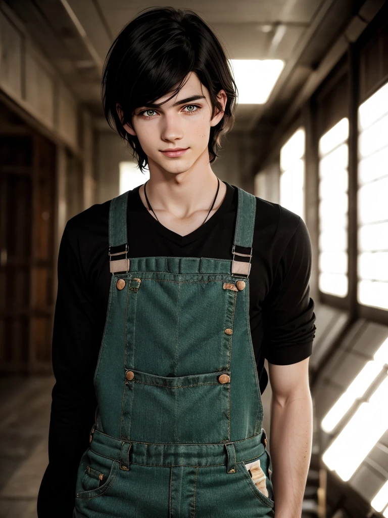 (best quality), 1boy, young boy, pale skin, black hair, medium hair, tousled hair, messy hair, bangs over eyes, green eyes, dark circles under eyes, light smile, scrawny body, overalls, cute, masterpiece, anatomically correct, highres
