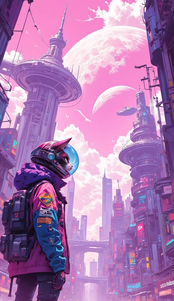 An anime-style scene in a futuristic, cityscape viewed from a very low angle, looking up at the towering, futuristic buildings. The buildings feature surreal elegant structures with futuristic technology. Overhead, there are interconnected bridges and wires stretching across the sky, which is bright with soft clouds. Among the tall buildings, at the bottom right corner of the image stands a cat girl wearing a jetpack and a jacket adorned with patches with fishbowl helmet, with her back to the viewer. She gazes upward in awe, overwhelmed by the towering structures. In the pink sky, there is a giant spaceship, and a giant planet that looks like star wars' death star. The scene is full of vibrant colors and detailed line work, typical of anime-inspired art.