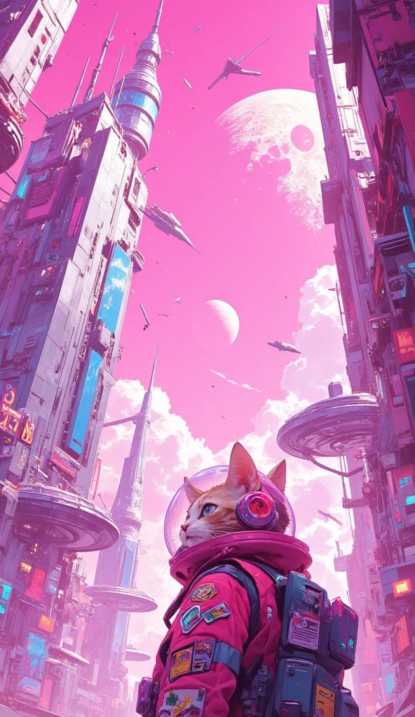 An anime-style scene in a futuristic, cityscape viewed from a very low angle, looking up at the towering, futuristic buildings. The buildings feature surreal elegant structures with futuristic technology. Overhead, there are interconnected bridges and wires stretching across the sky, which is bright with soft clouds. Among the tall buildings, at the bottom right corner of the image stands a cat girl wearing a jetpack and a jacket adorned with patches with fishbowl helmet, with her back to the viewer. She gazes upward in awe, overwhelmed by the towering structures. In the pink sky, there is a giant spaceship, and a giant planet that looks like star wars' death star. The scene is full of vibrant colors and detailed line work, typical of anime-inspired art.