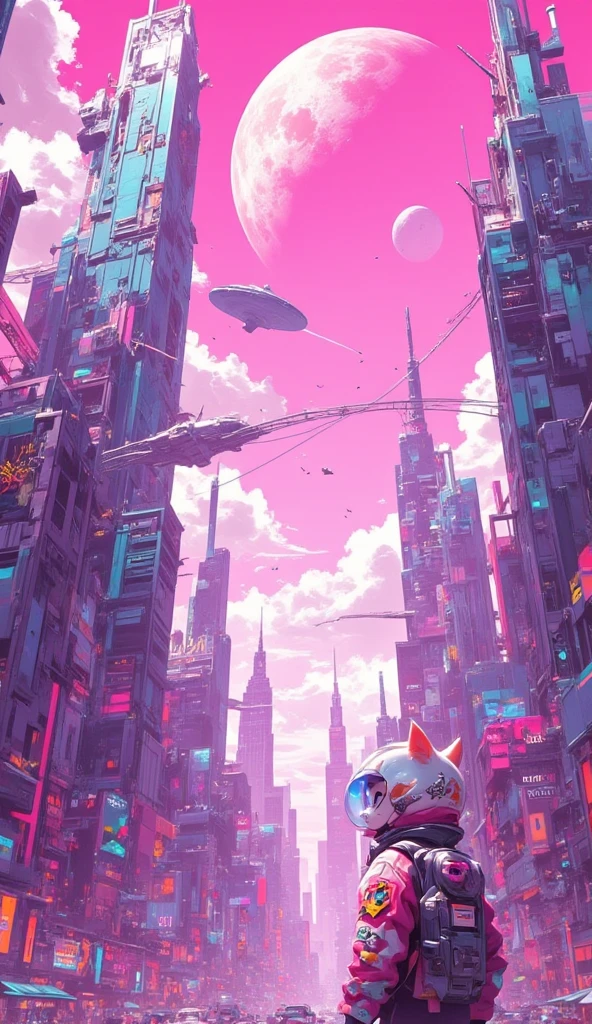 An anime-style scene in a futuristic, cityscape viewed from a very low angle, looking up at the towering, futuristic buildings. The buildings feature surreal elegant structures with futuristic technology. Overhead, there are interconnected bridges and wires stretching across the sky, which is bright with soft clouds. Among the tall buildings, at the bottom right corner of the image stands a cat girl wearing a jetpack and a jacket adorned with patches with fishbowl helmet, with her back to the viewer. She gazes upward in awe, overwhelmed by the towering structures. In the pink sky, there is a giant spaceship, and a giant planet that looks like star wars' death star. The scene is full of vibrant colors and detailed line work, typical of anime-inspired art.